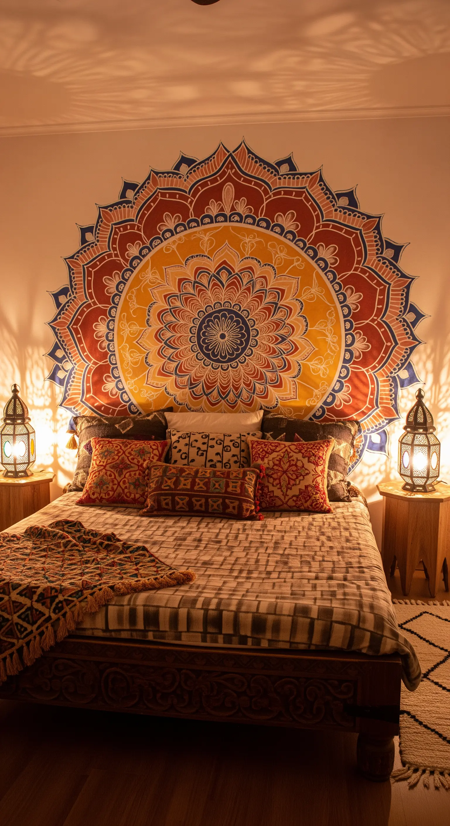 Grande mandala colorato dipinto sulla parete dietro al letto, che funge da testiera.