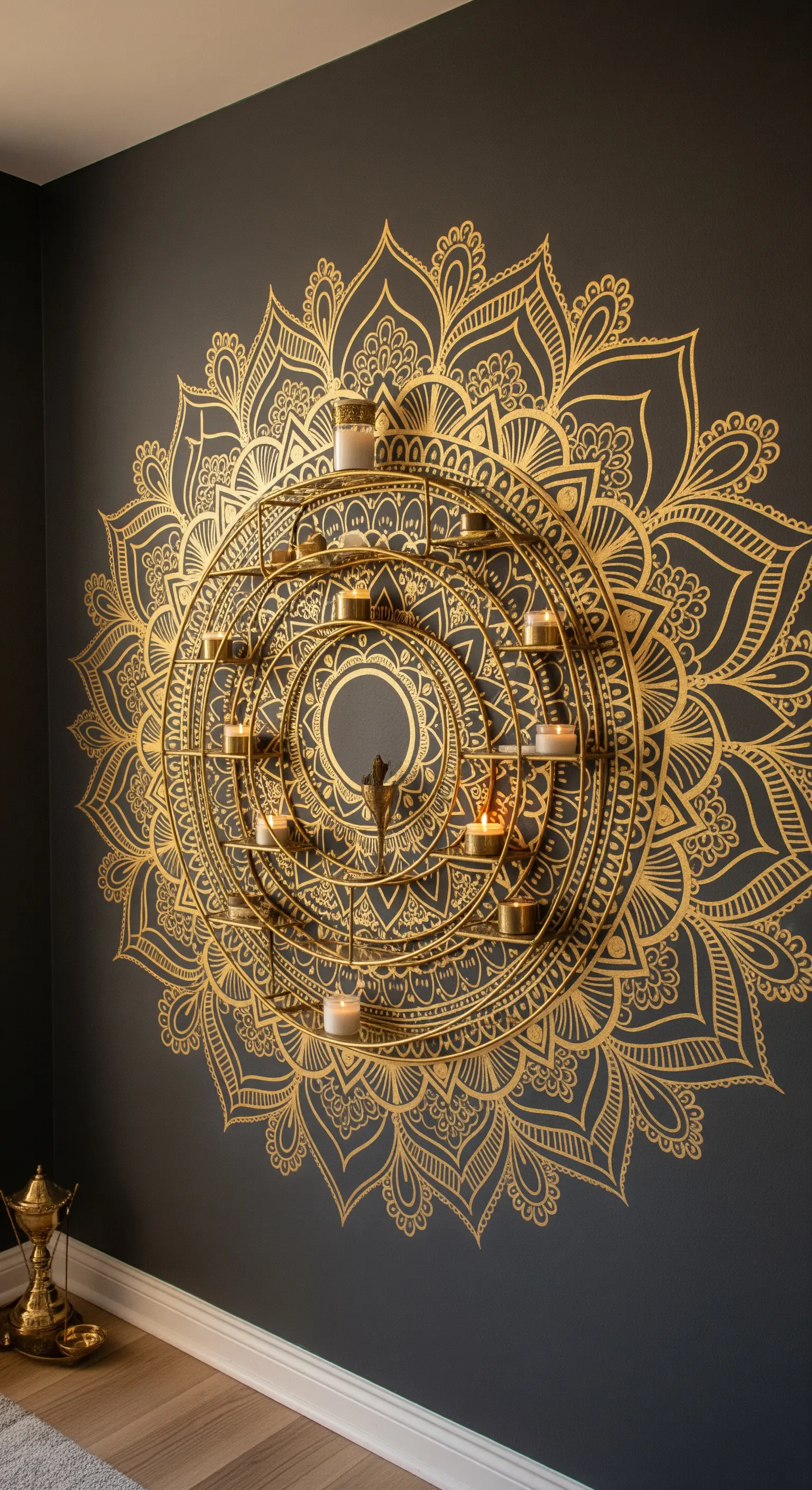 Grande mandala dorato dipinto su una parete scura con al centro un portacandele circolare.