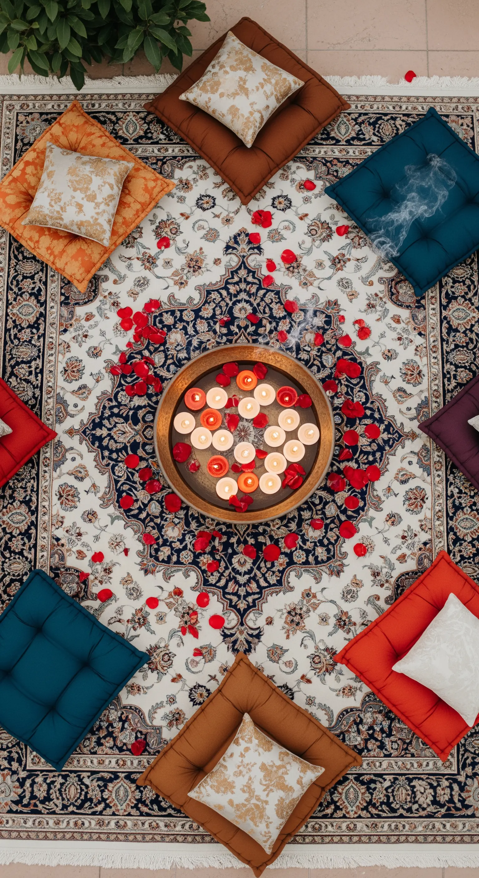 Vista dall'alto di un tappeto persiano con cuscini colorati e una ciotola di candele galleggianti.