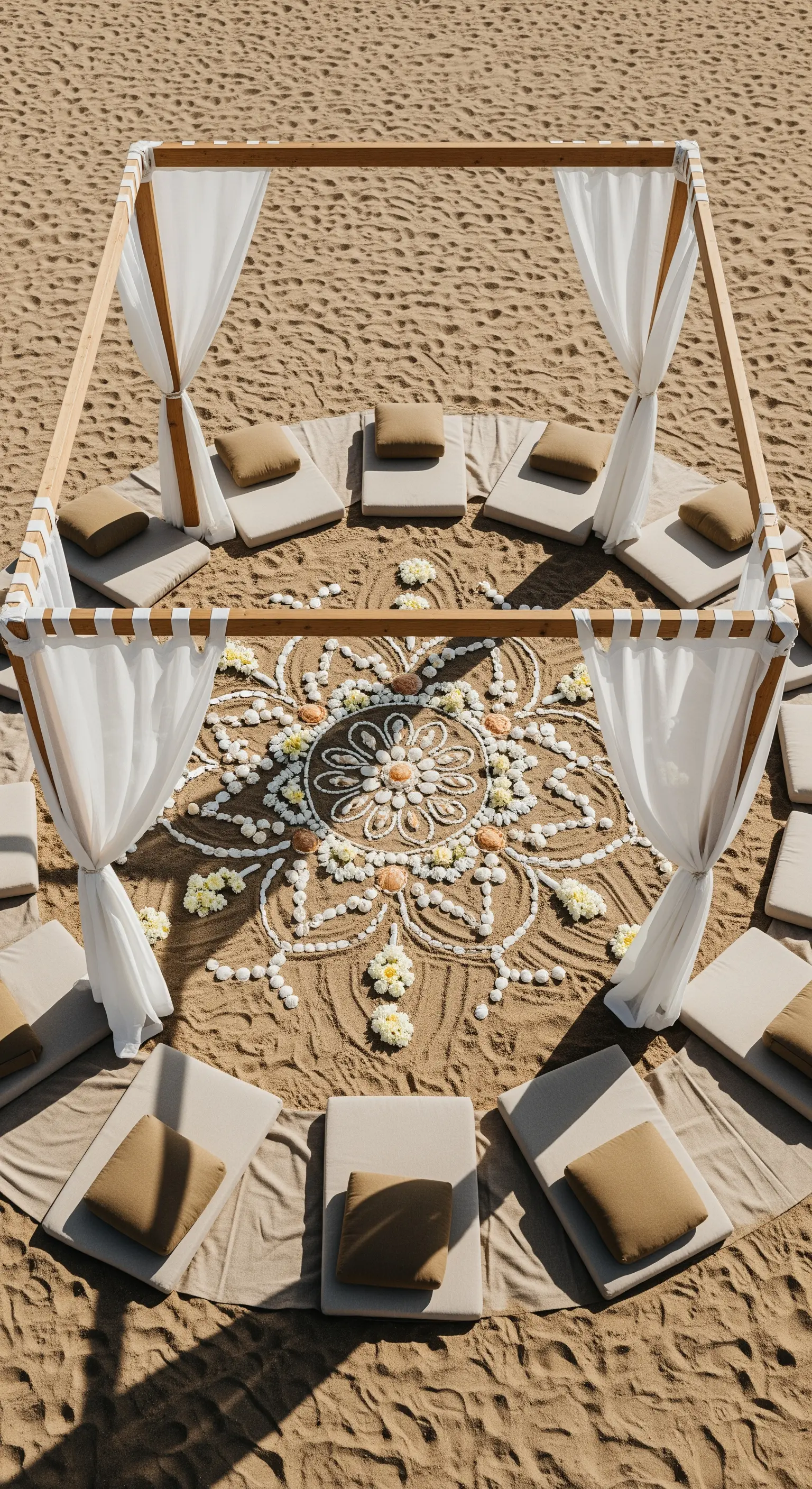 Mandala decorativo sulla sabbia realizzato con conchiglie e fiori bianchi, visto dall'alto.