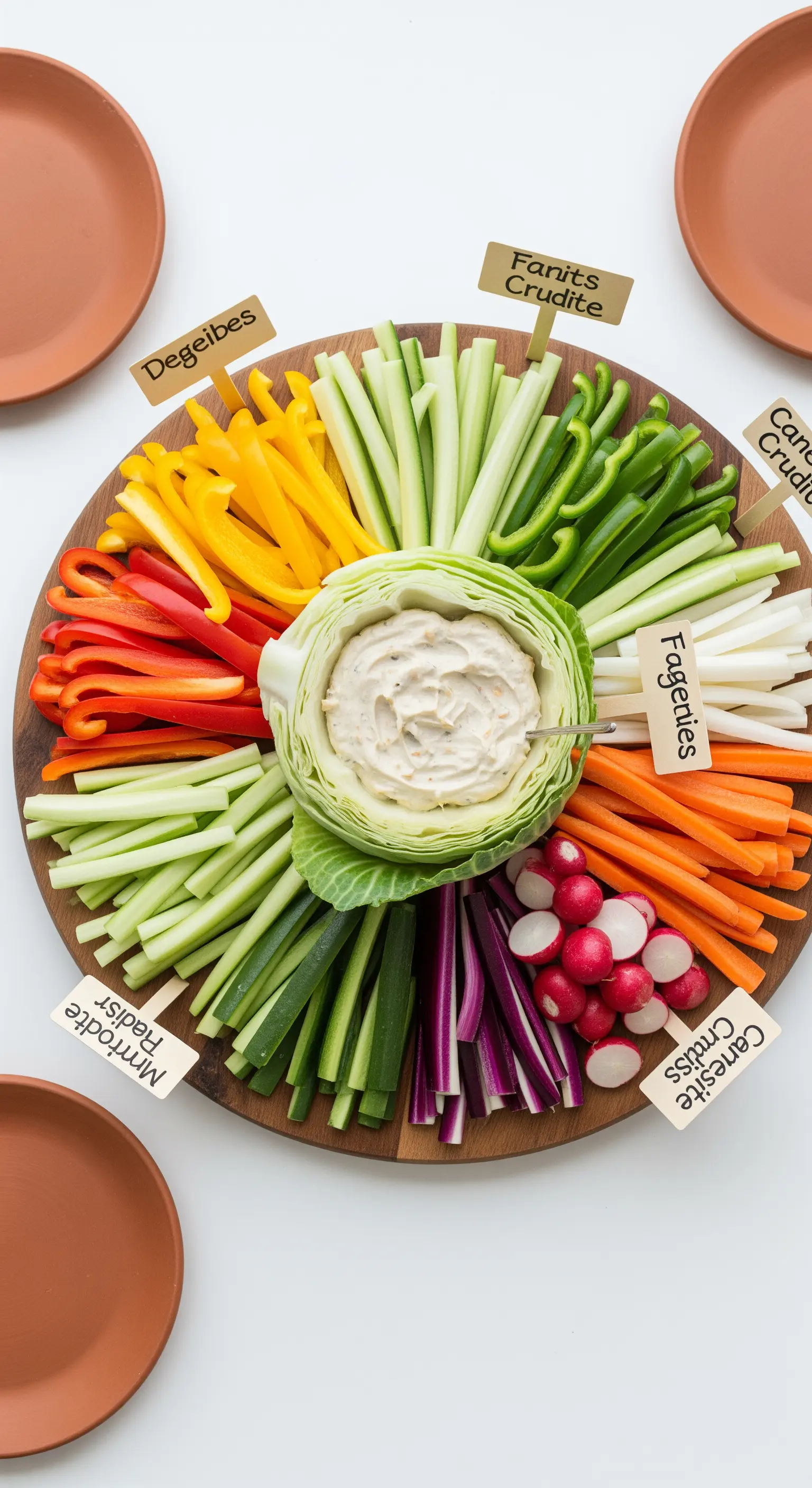 Grande tagliere rotondo con verdure crude disposte a raggiera attorno a una salsa nel cavolo.