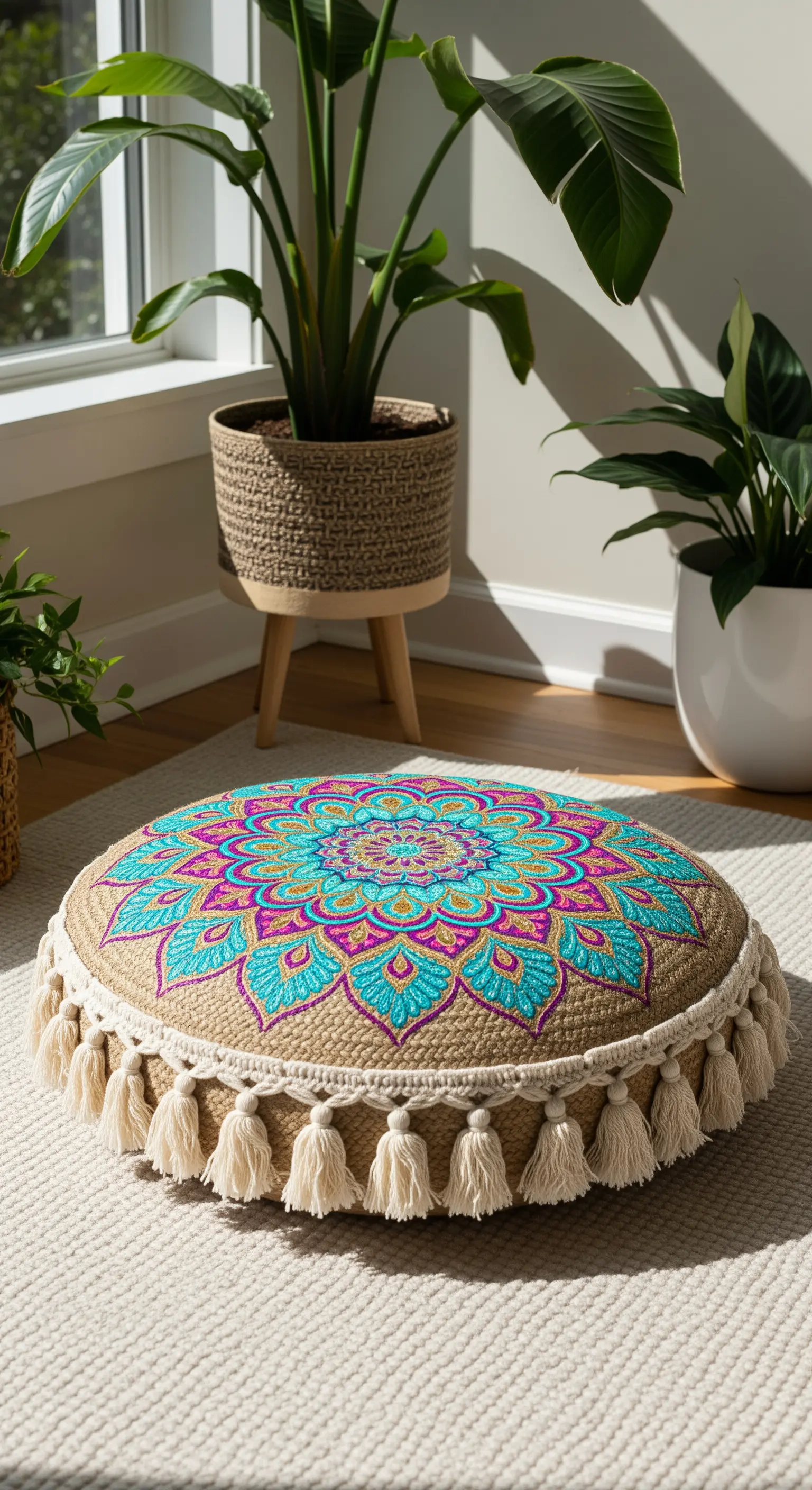 Grande cuscino rotondo da terra in juta con un mandala colorato dipinto al centro.