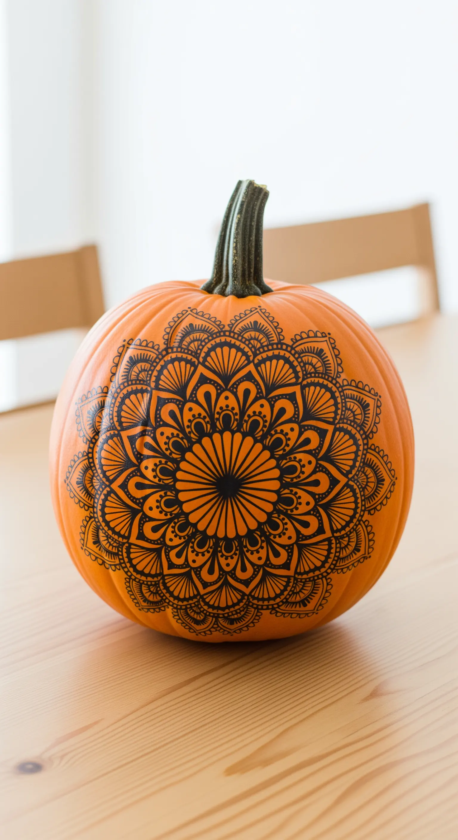 Zucca arancione con un intricato mandala nero disegnato a mano sulla sua superficie.