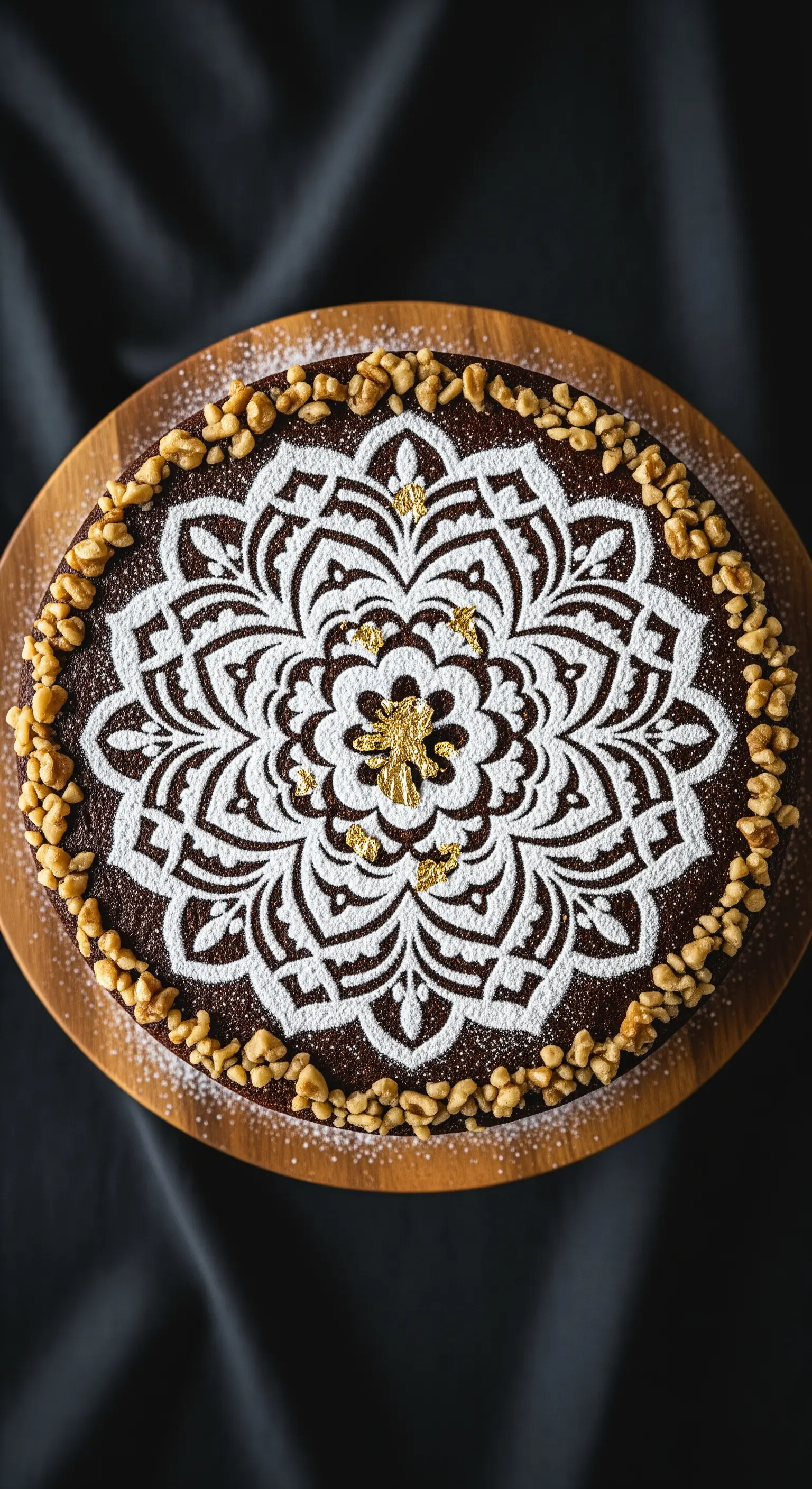 Torta al cioccolato rotonda con un intricato mandala di zucchero a velo e dettagli in foglia d'oro.