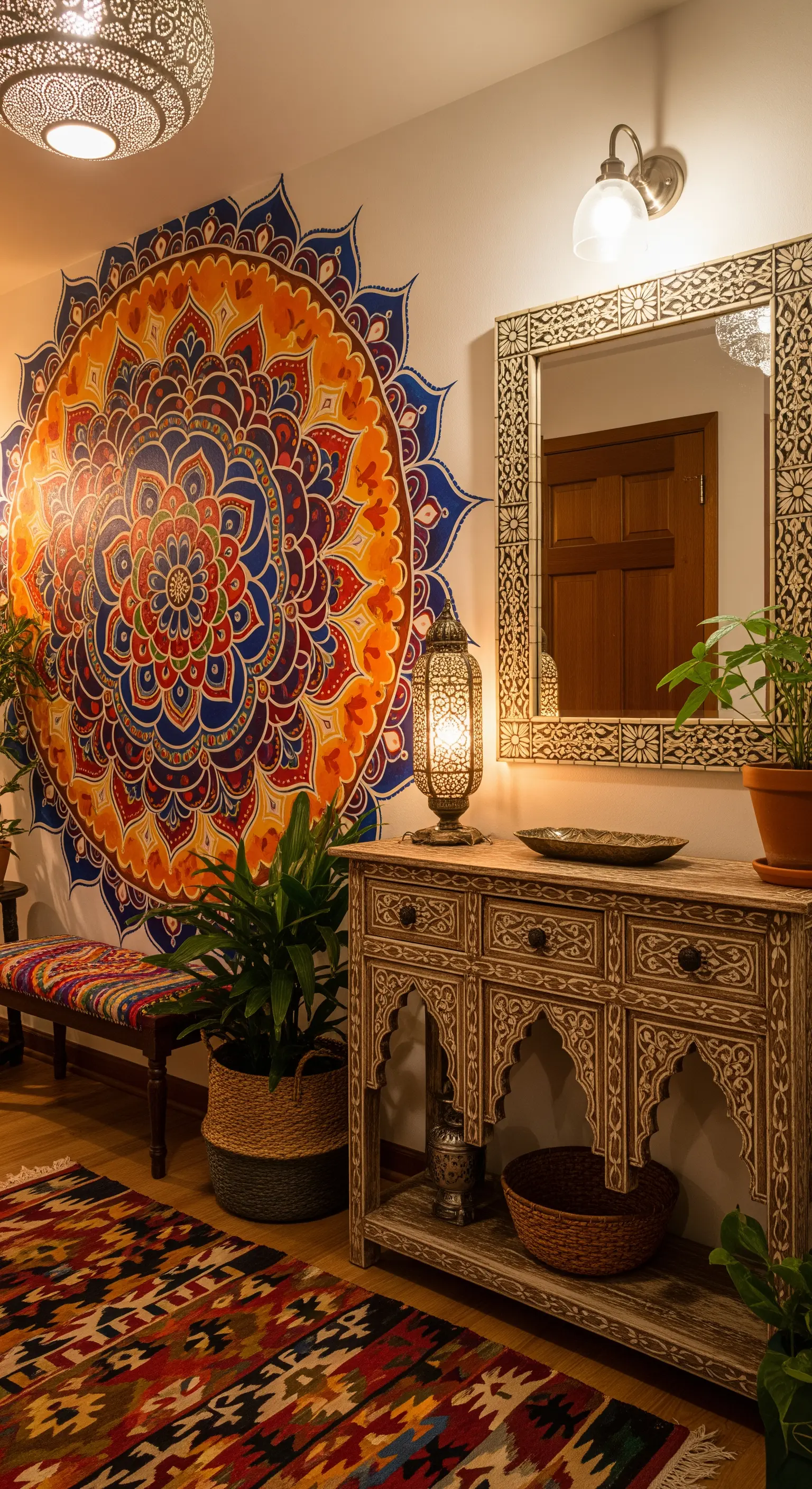 Ingresso etnico con grande murale di un mandala, consolle intagliata e tappeto kilim.
