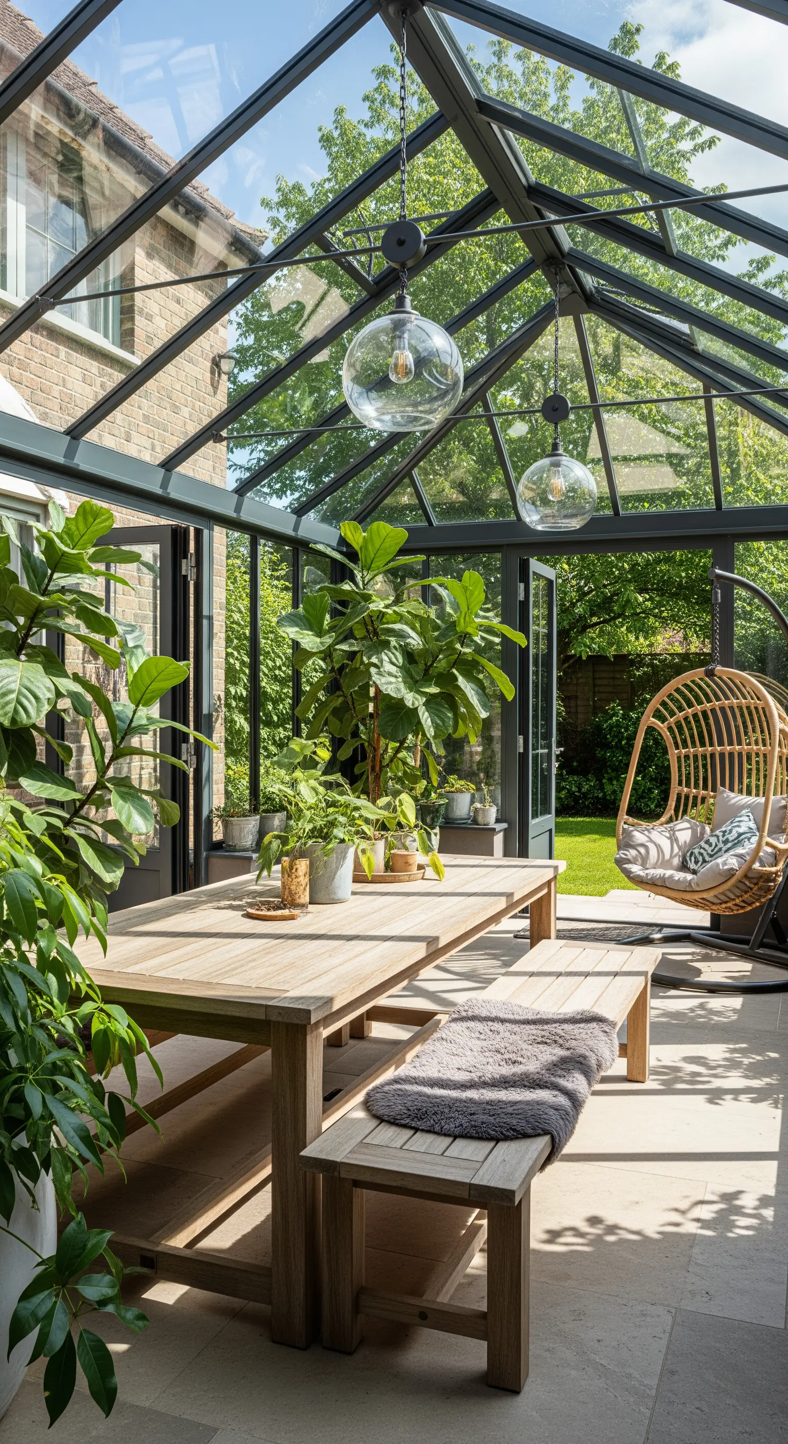 Sala da pranzo in una serra di vetro e metallo, con tavolo in legno e grandi piante.