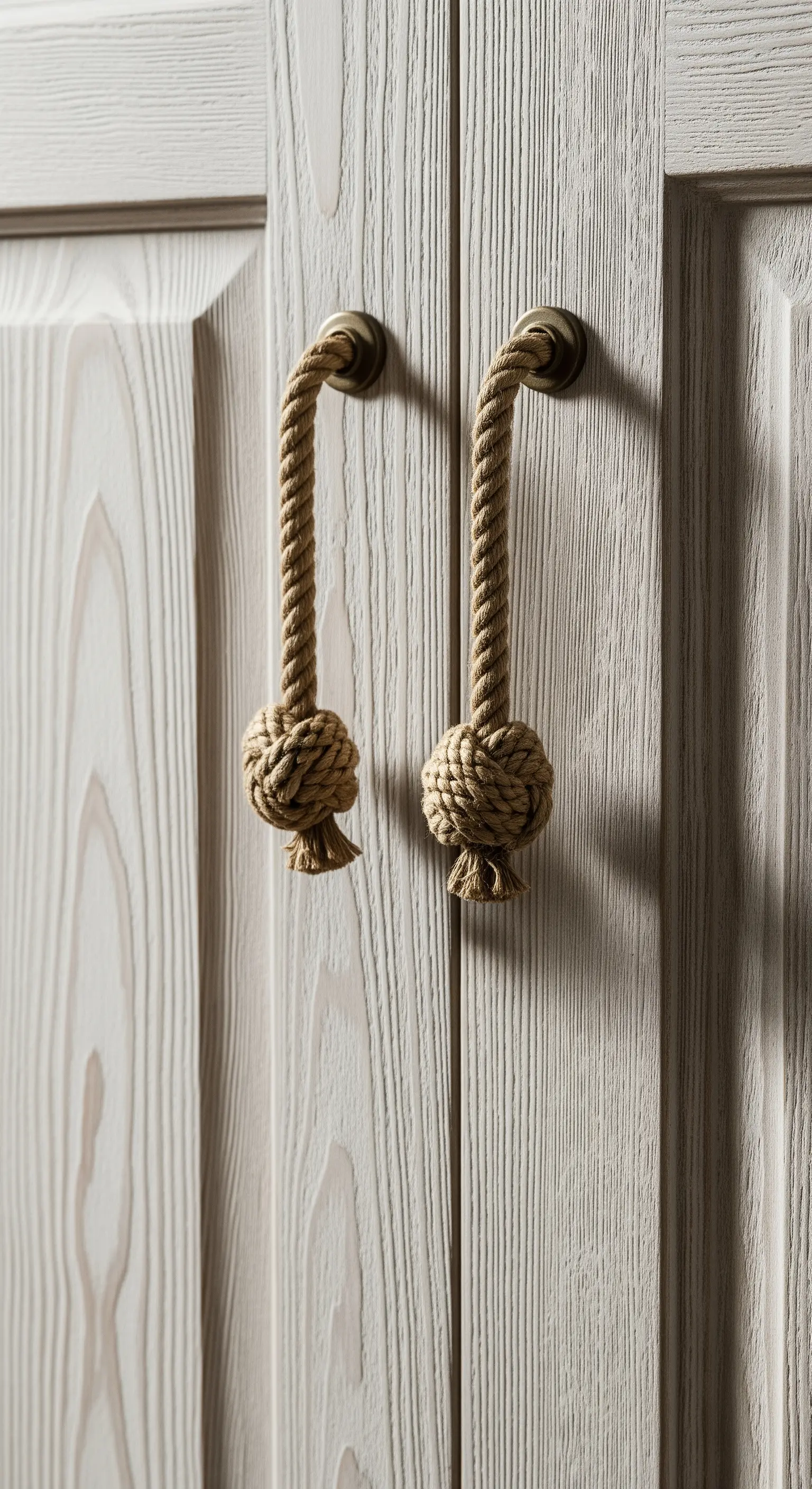 Dettaglio di maniglie in corda naturale annodata su ante in legno sbiancato.