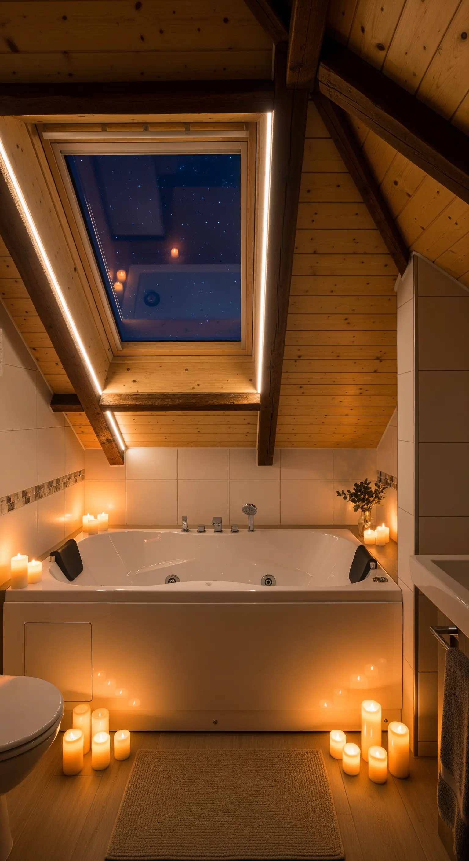 Vasca idromassaggio in una mansarda con travi in legno e lucernario sul soffitto.