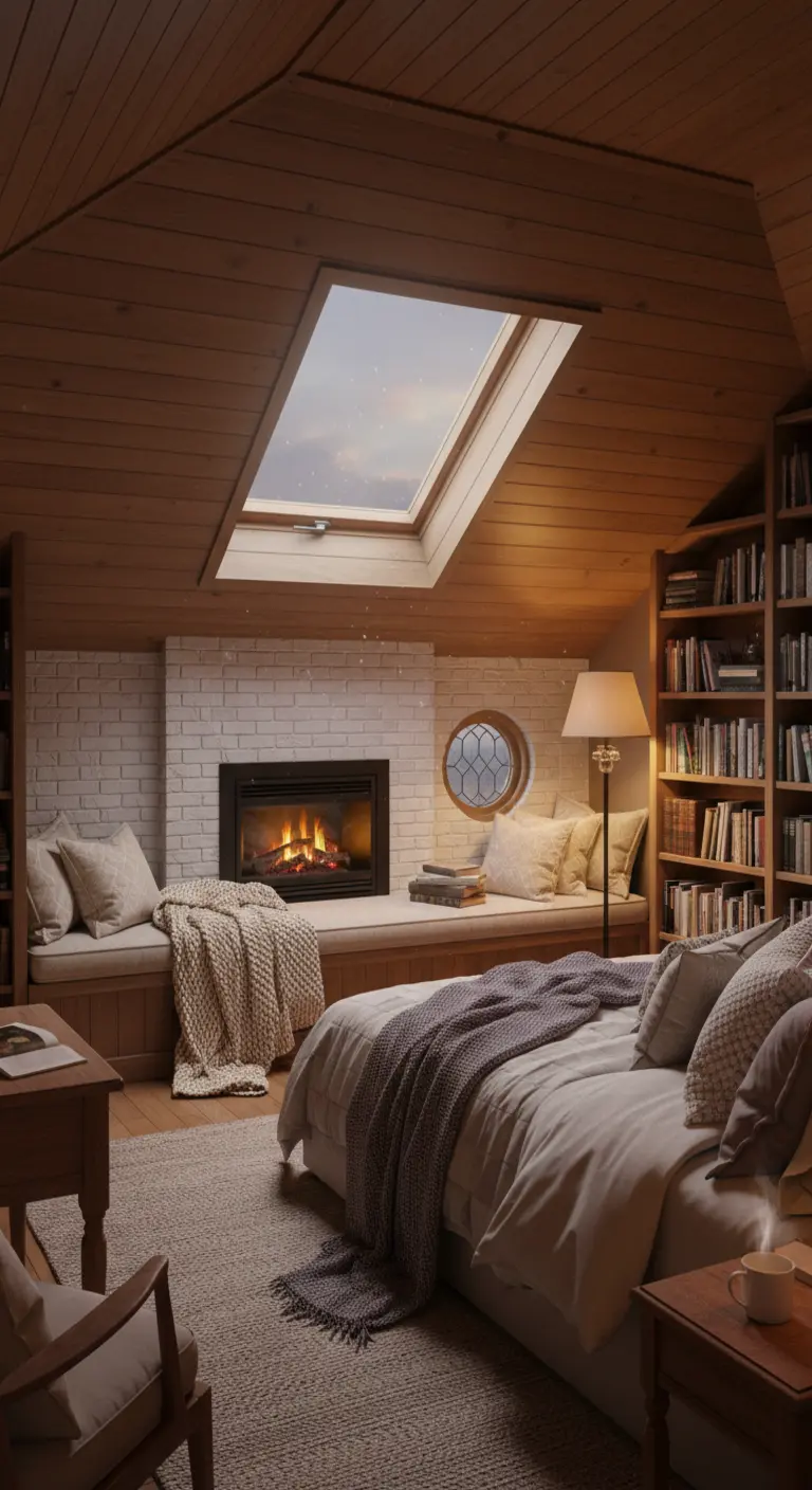 Mansarda accogliente con camino in mattoni bianchi, lucernario e angolo lettura imbottito.