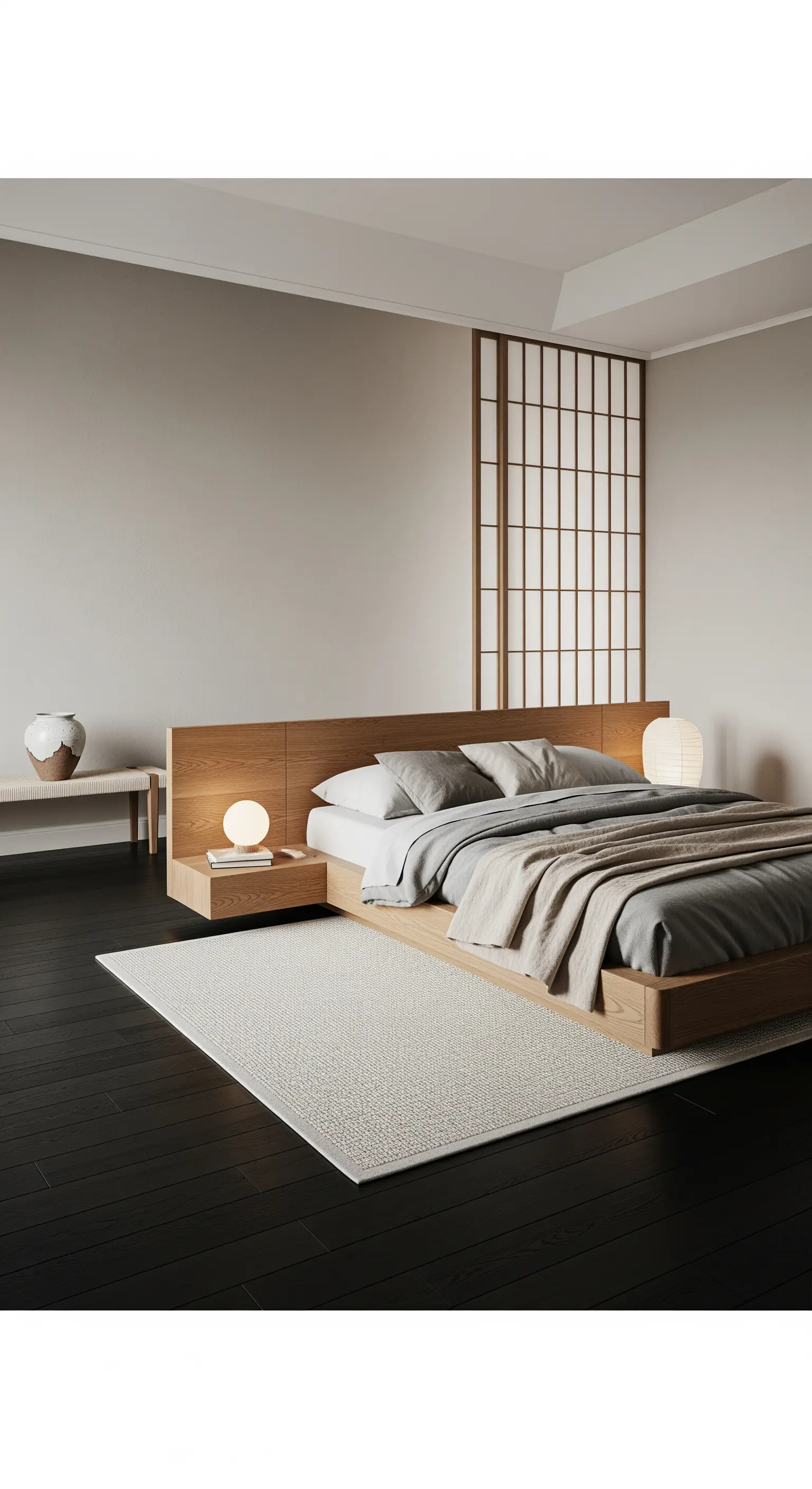 Letto basso in legno stile Japandi su un parquet nero e un tappeto rettangolare chiaro