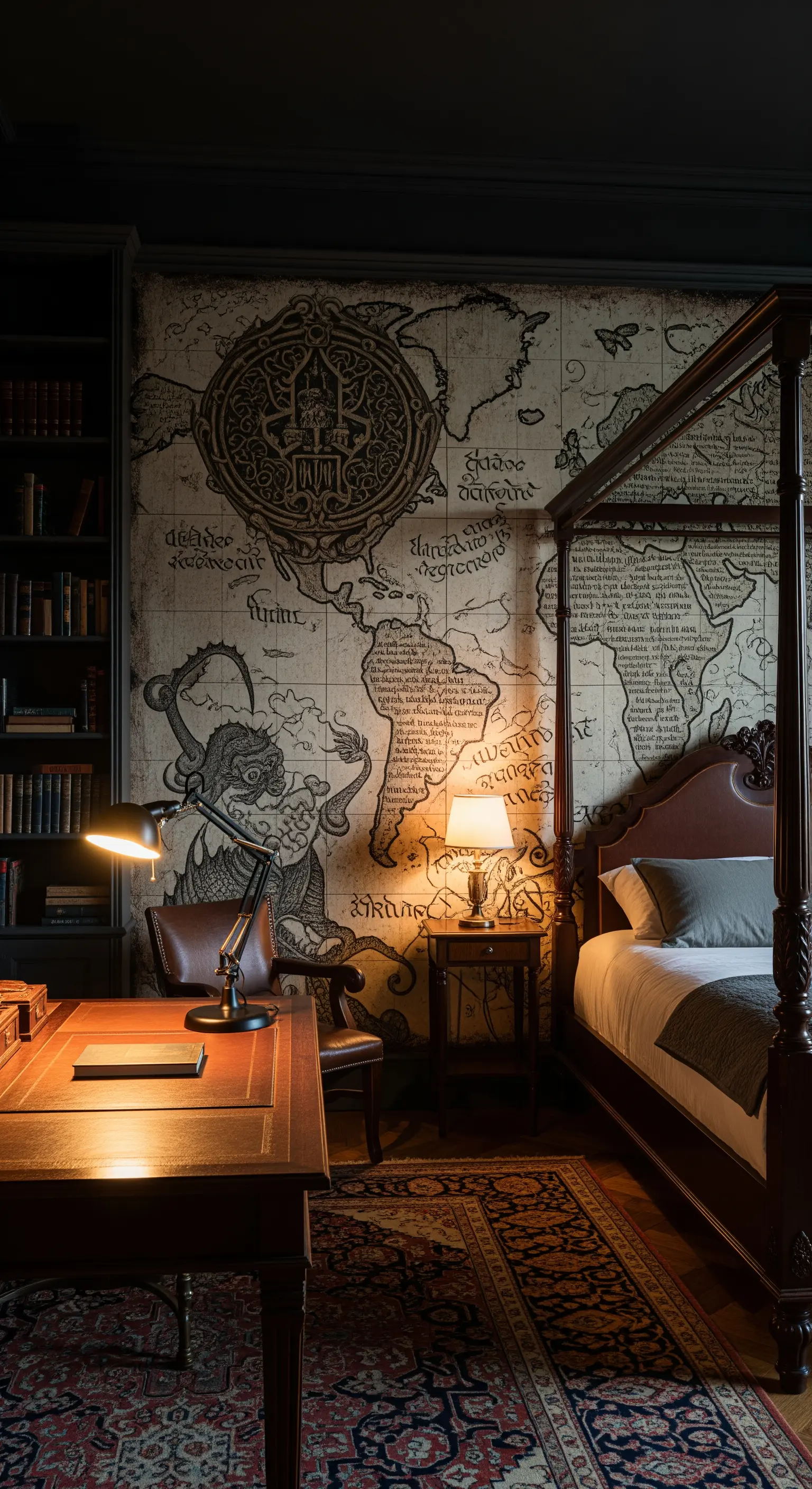 Camera da letto scura e accogliente con un murale di una mappa antica e mobili classici.