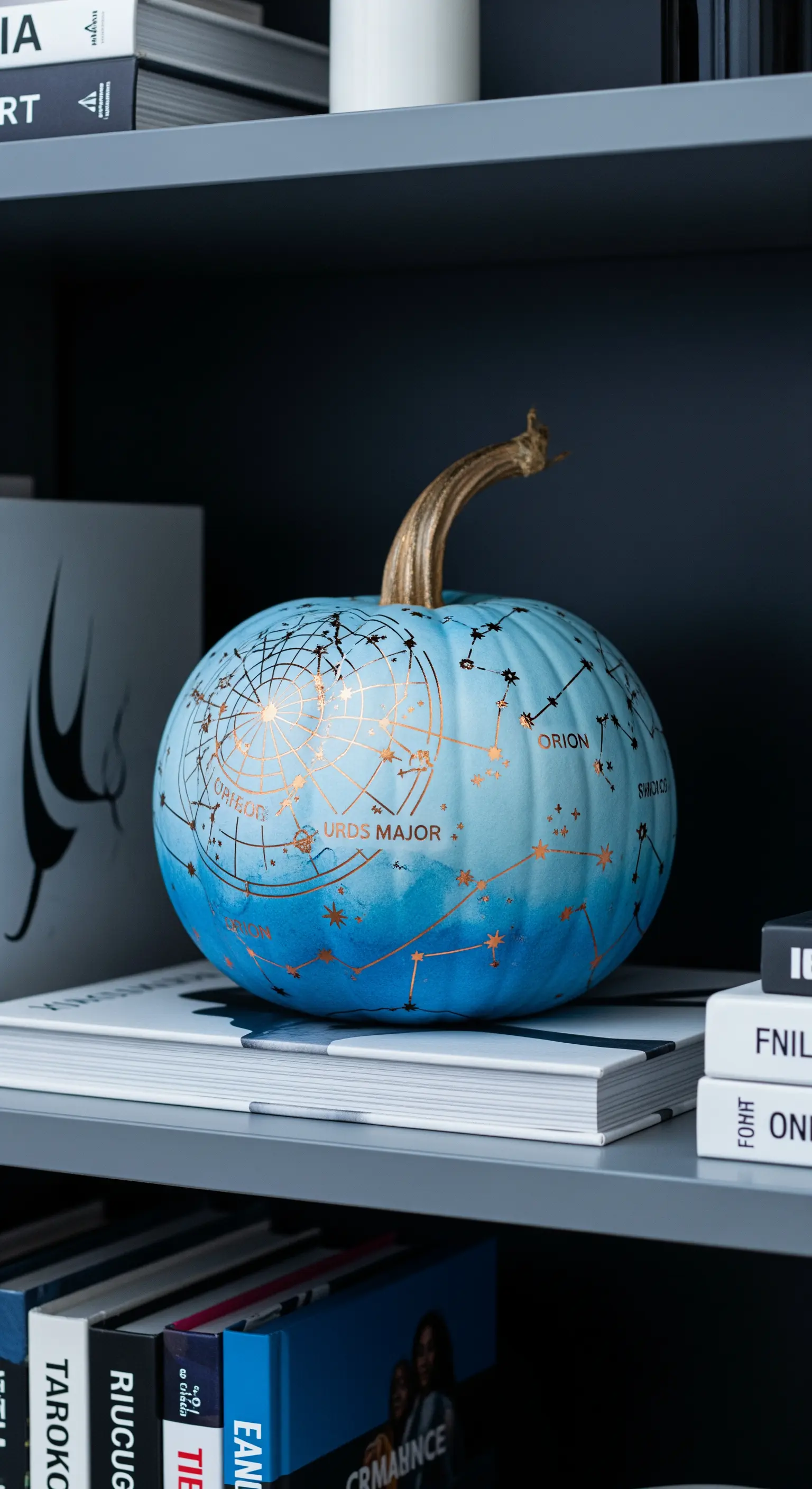 Zucca sfumata di blu con costellazioni e scritte celesti realizzate in foglia d'oro.