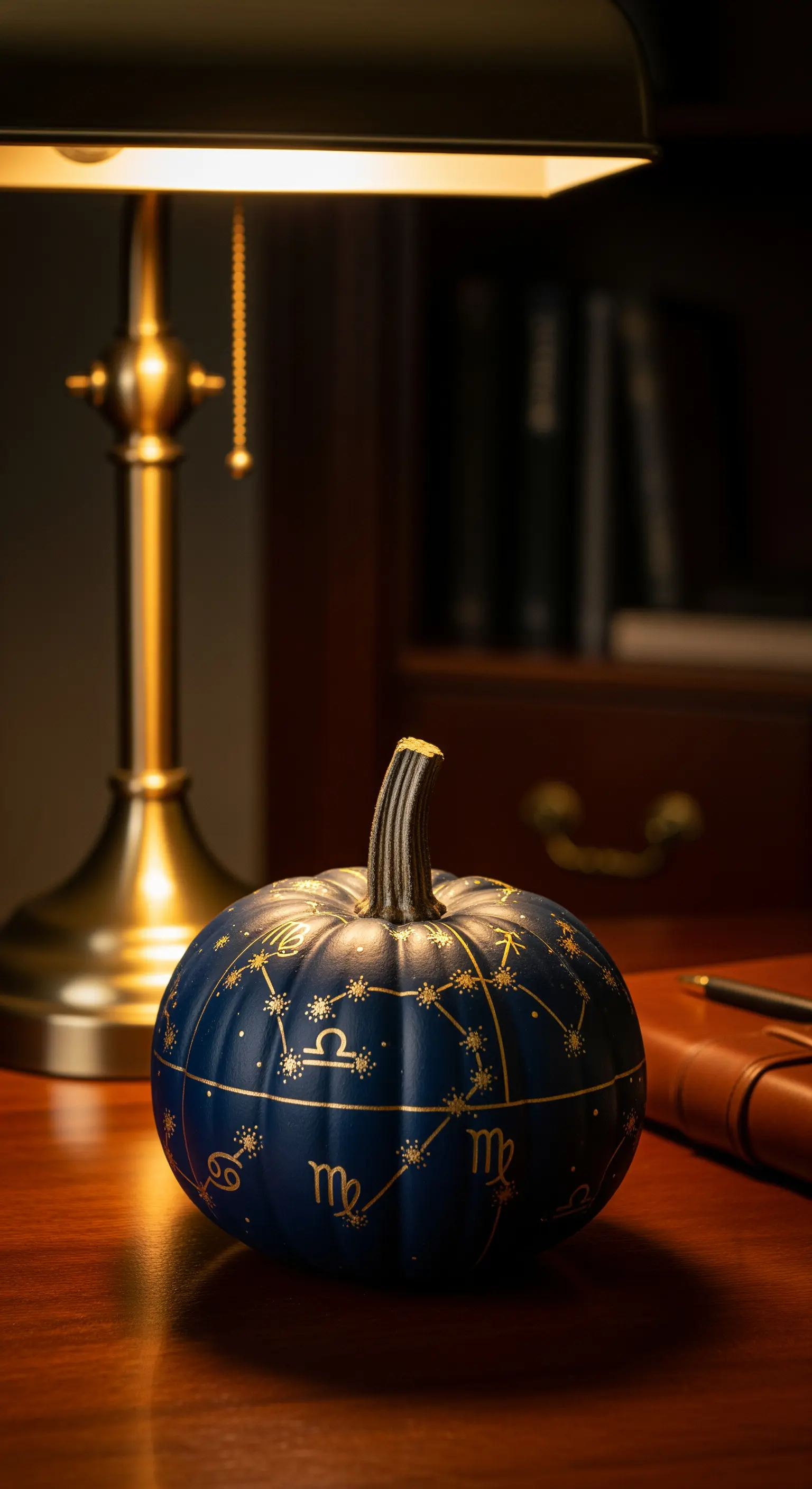 Zucca blu scuro con costellazioni e segni zodiacali dipinti in oro su una scrivania.