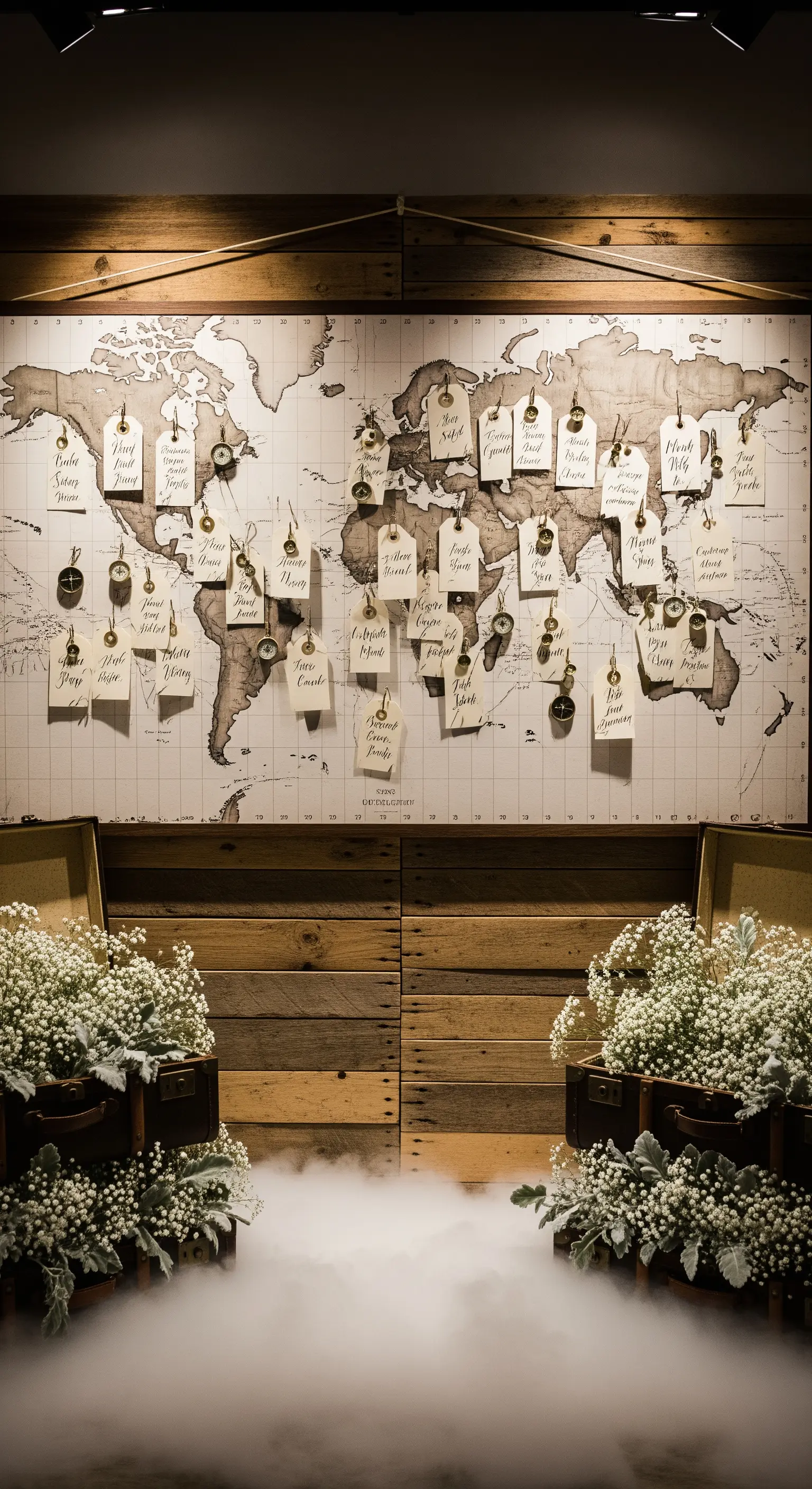 Tableau de mariage a tema viaggio con una grande mappa del mondo e cartellini per gli ospiti.