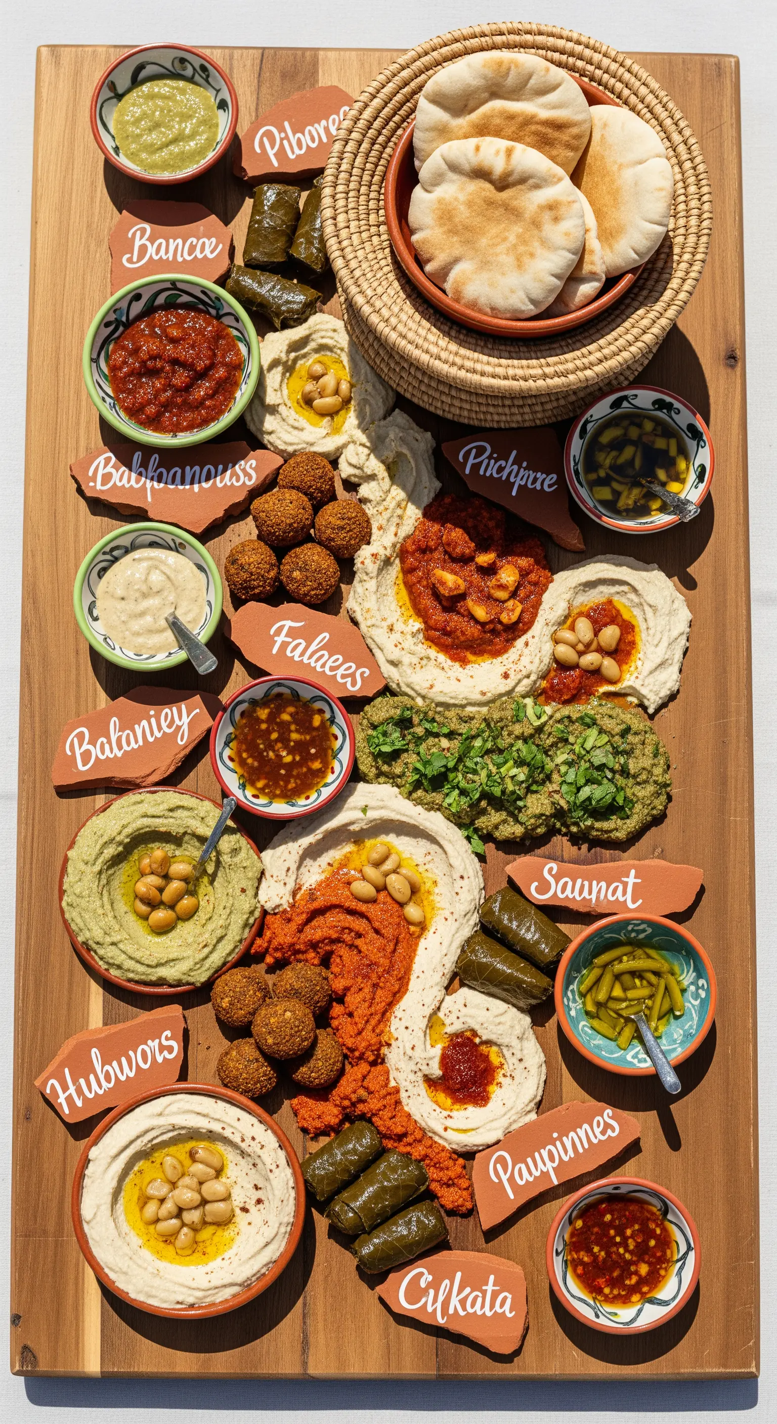 Grande tagliere di legno con una selezione di mezze mediorientali, hummus e falafel.