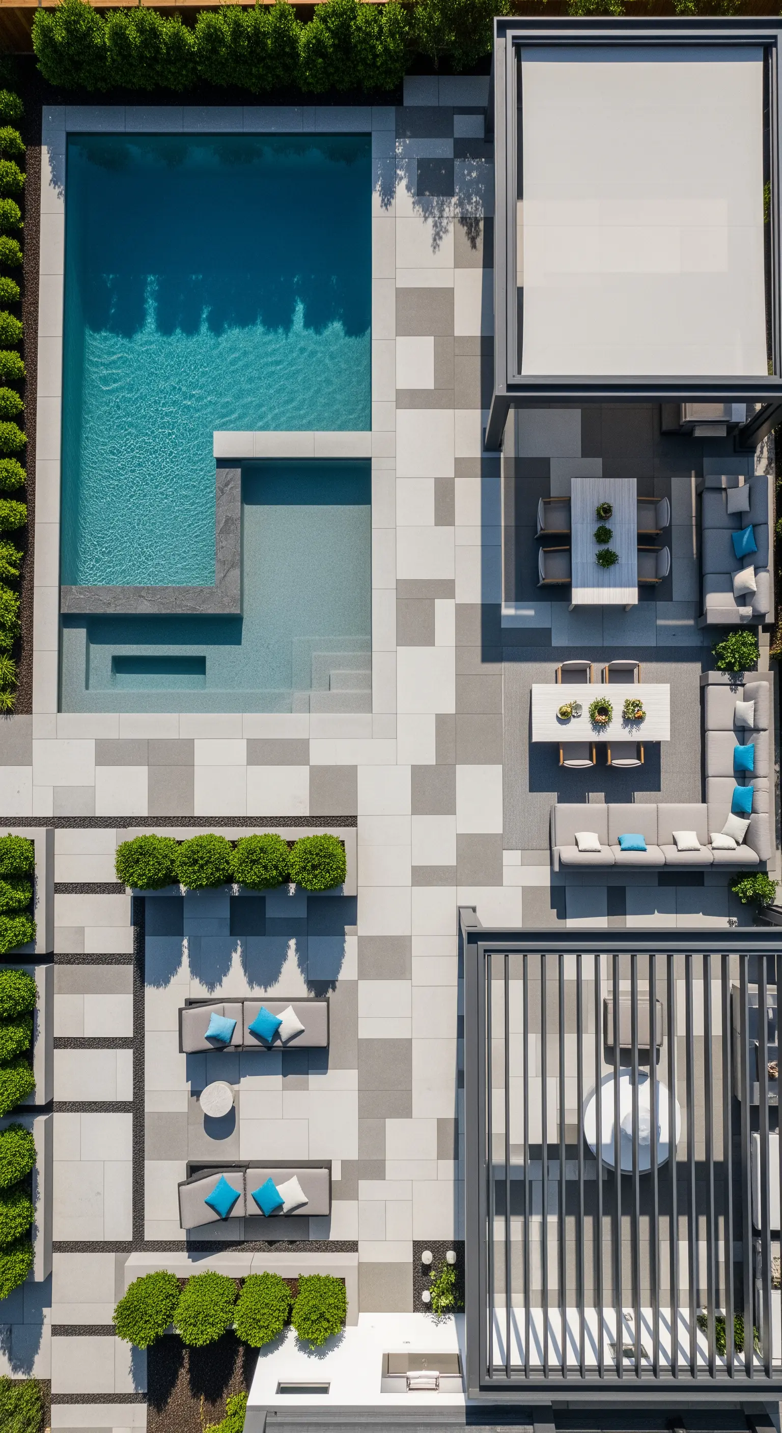 Vista dall'alto di un giardino moderno con pavimentazione geometrica, piscina e diverse aree lounge.