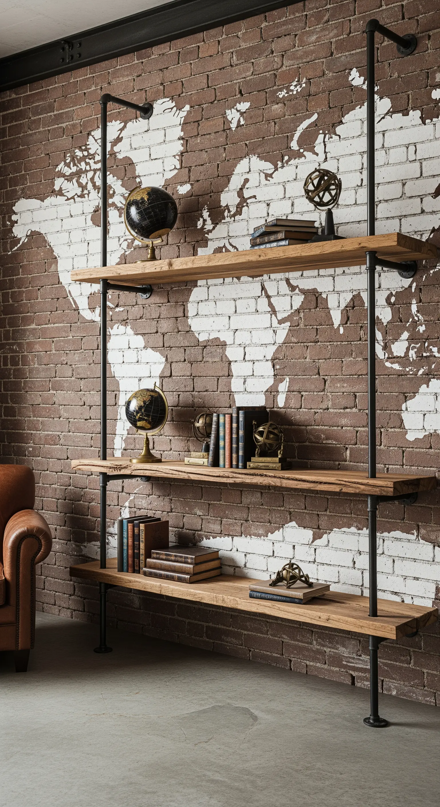 Libreria industriale in metallo e legno su una parete di mattoni con un mappamondo dipinto.