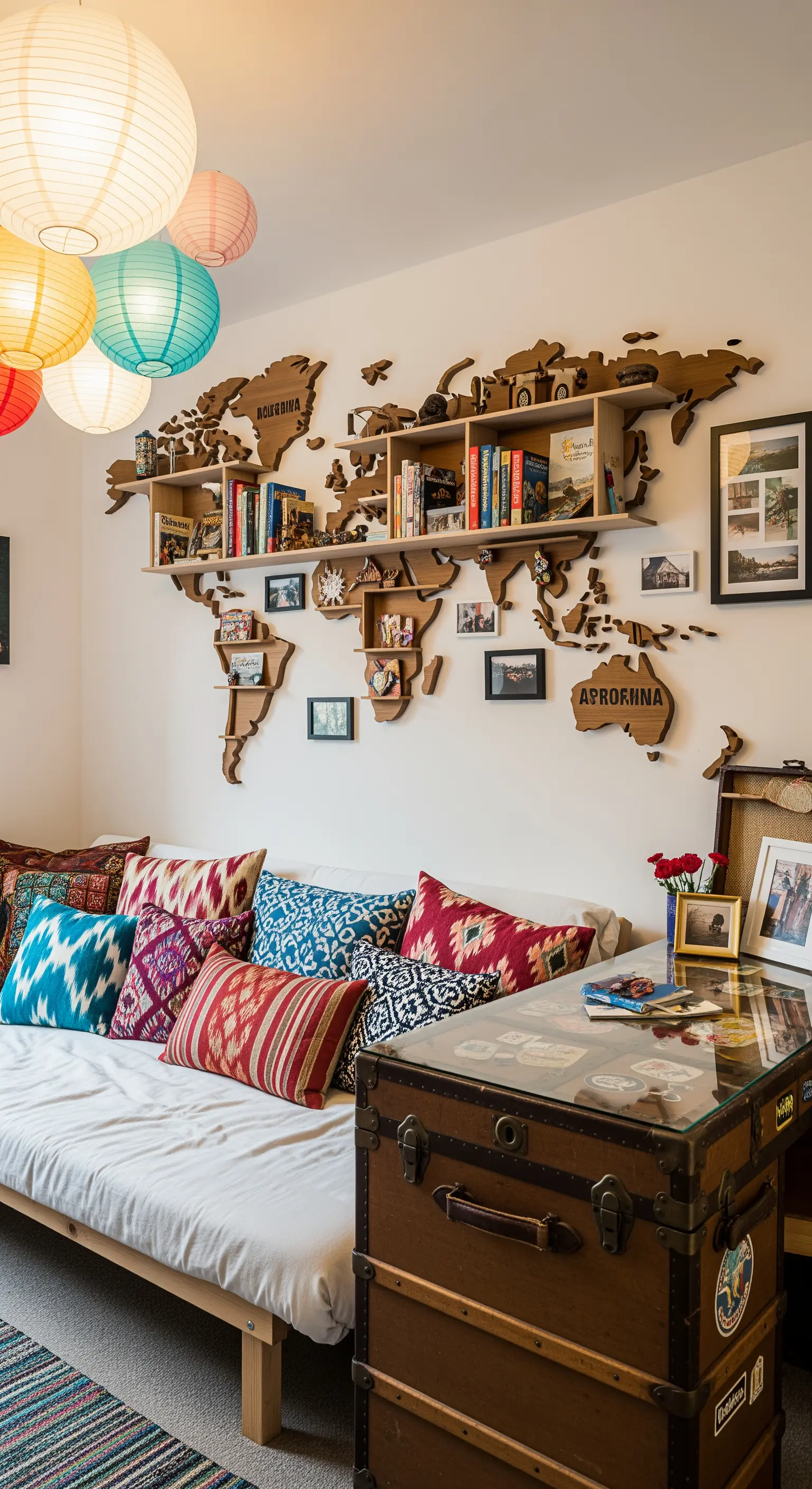 Salotto con libreria a forma di mondo, divano letto e cuscini colorati.