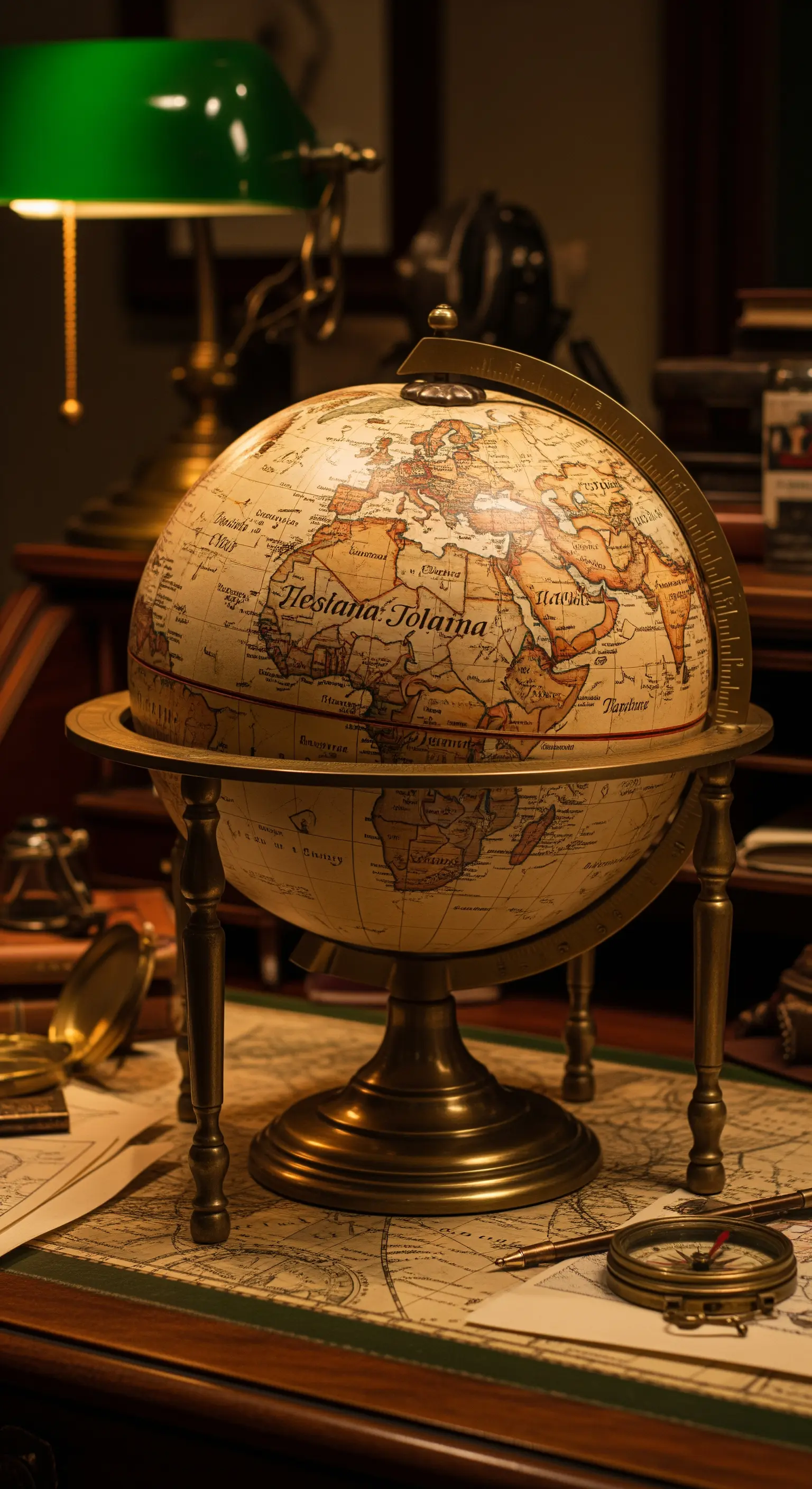 Un globo terrestre vintage posizionato su una scrivania di legno scuro, con mappe e strumenti antichi.
