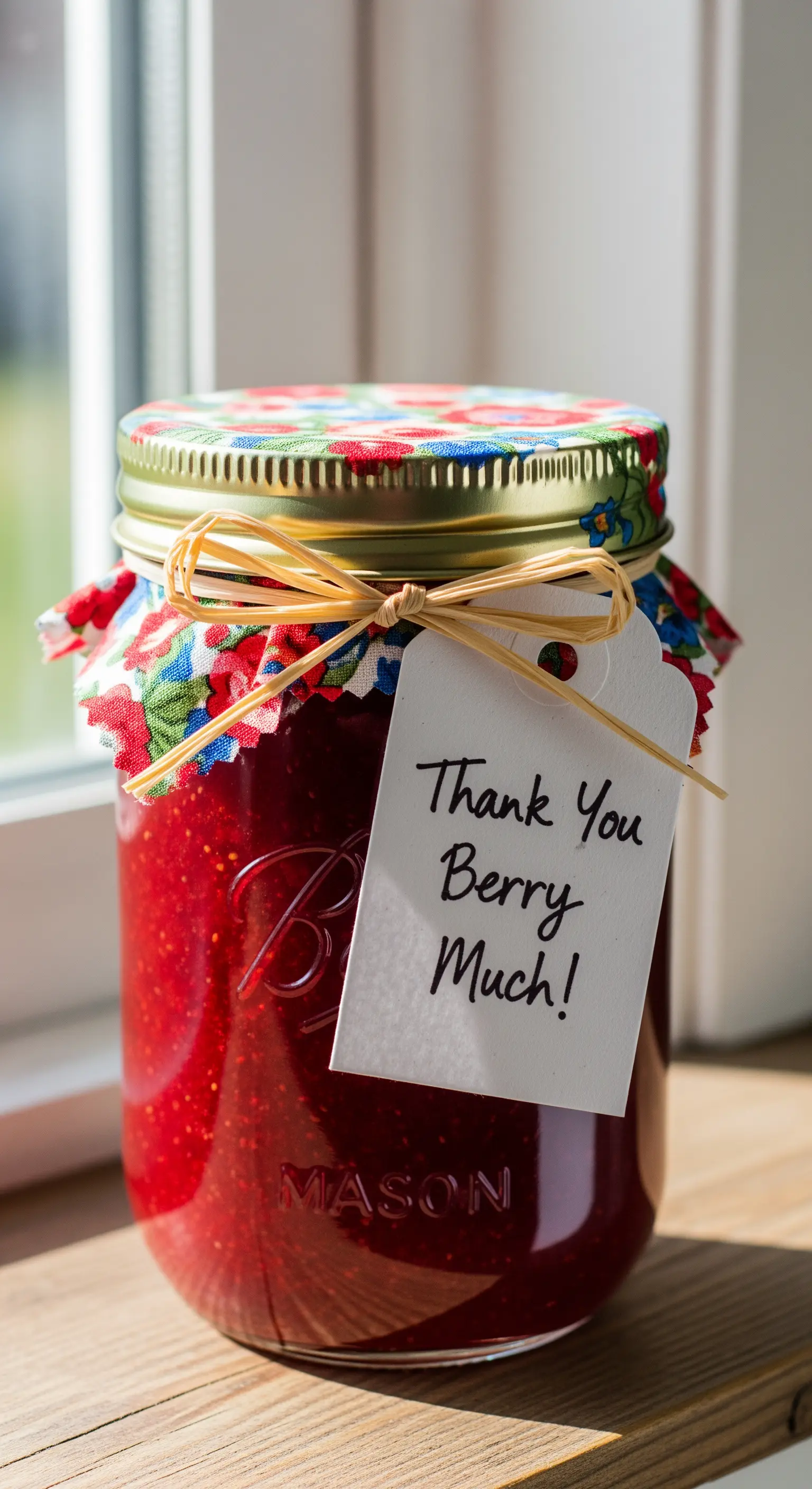 Barattolo di marmellata di fragole con coperchio in tessuto e etichetta scritta a mano.