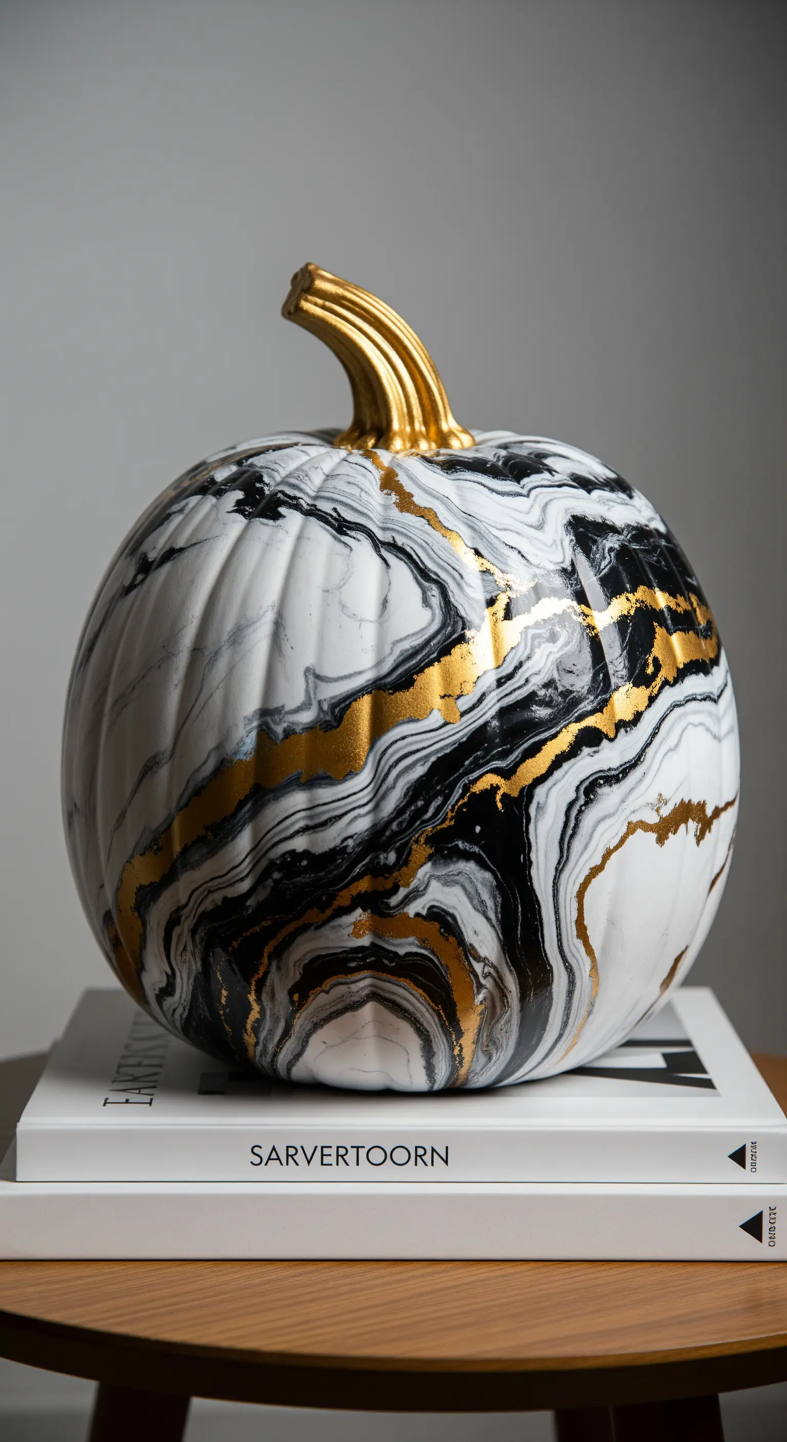 Zucca decorata con un effetto marmo bianco, nero e venature dorate.