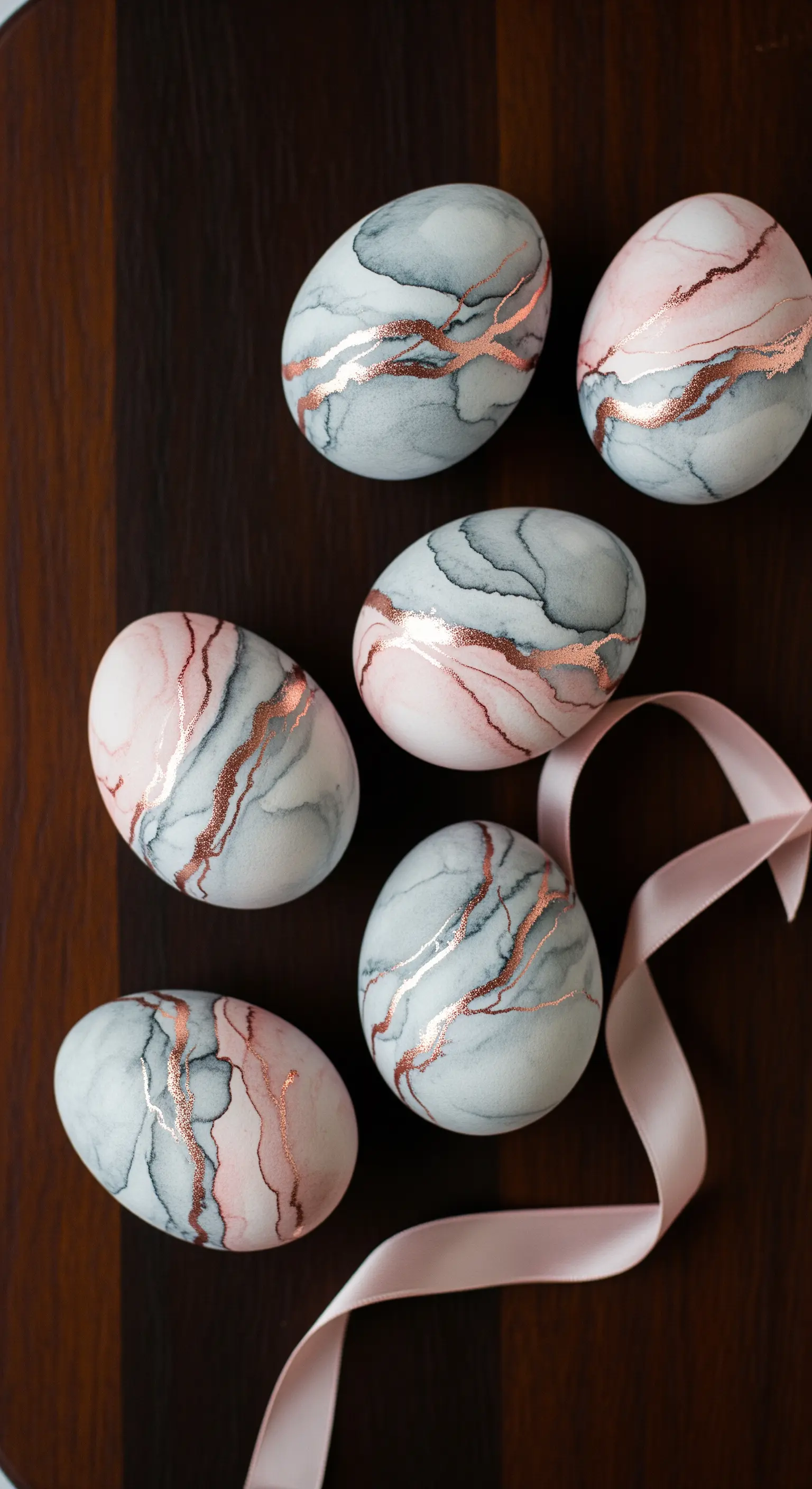 Uova pasquali con effetto marmo rosa e grigio, impreziosite da venature color rame.