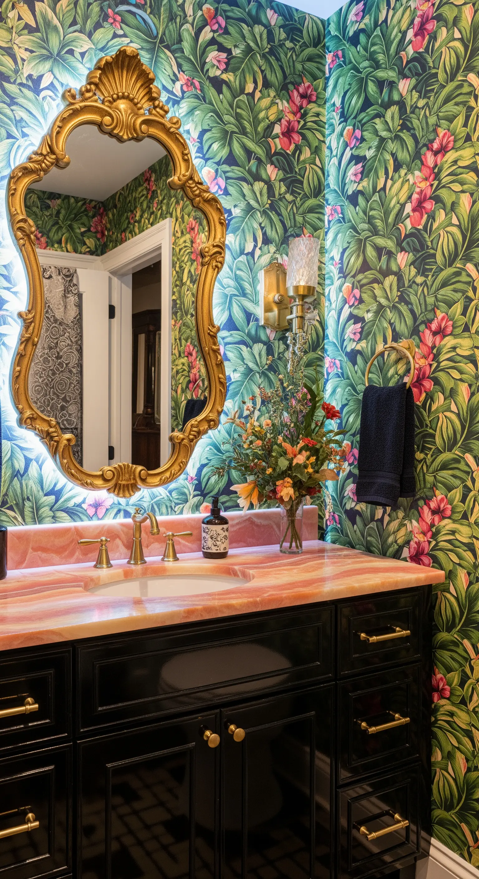 Specchio retroilluminato con cornice dorata barocca su carta da parati tropicale.