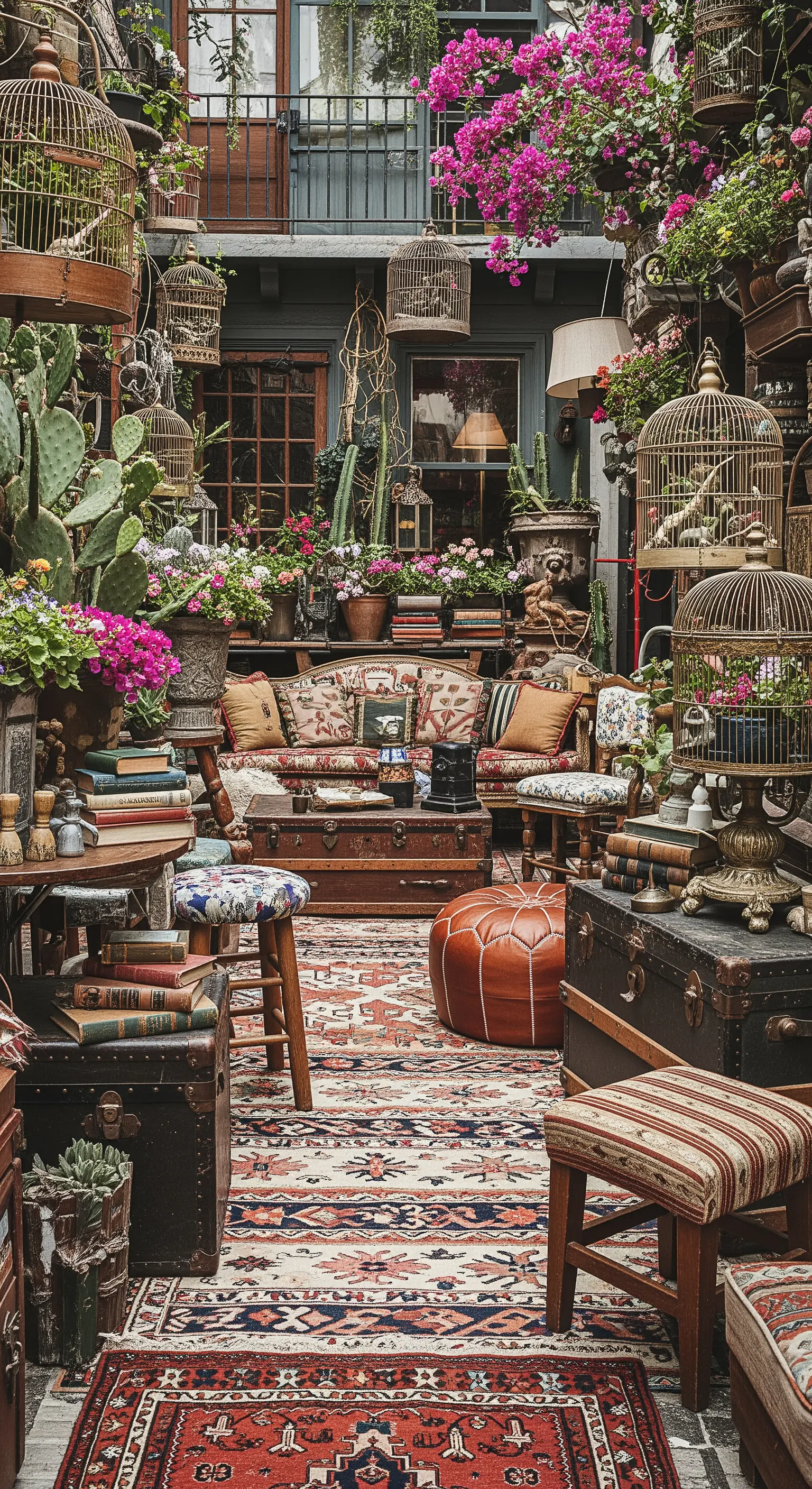 Patio eclettico e affollato con tappeti sovrapposti, divano vintage, piante e libri.