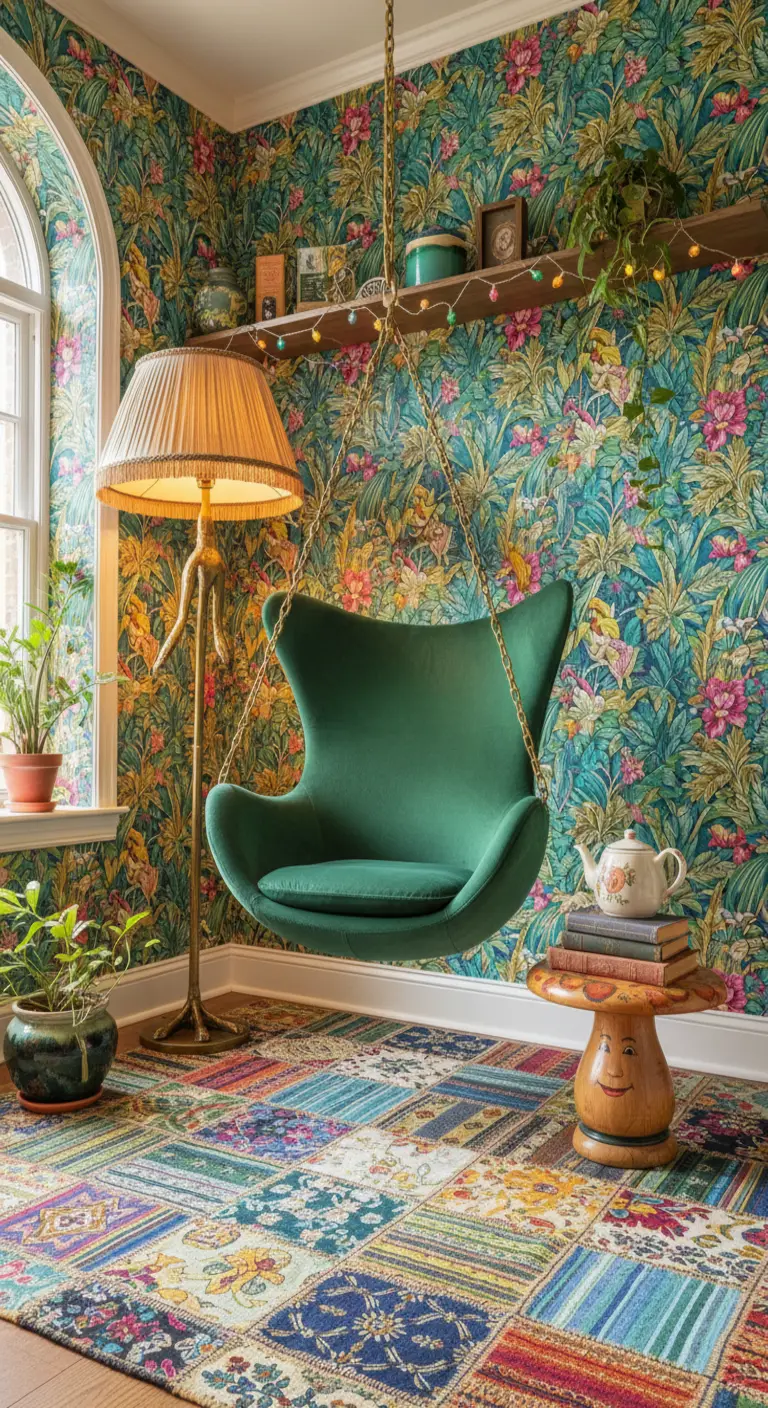 Poltrona sospesa in velluto verde in una stanza con carta da parati floreale e tappeto patchwork.