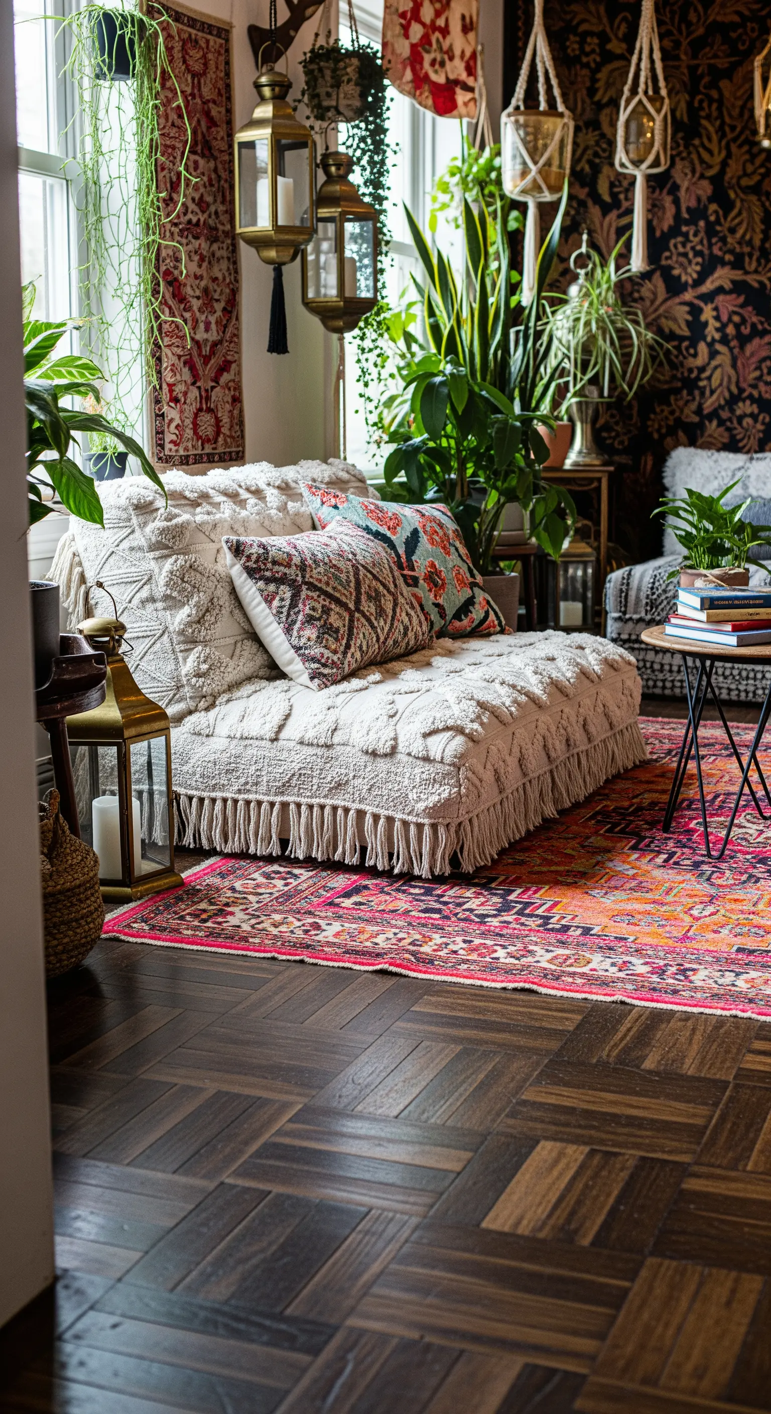 Angolo lettura bohémien con daybed texturizzato, cuscini colorati e molte piante.