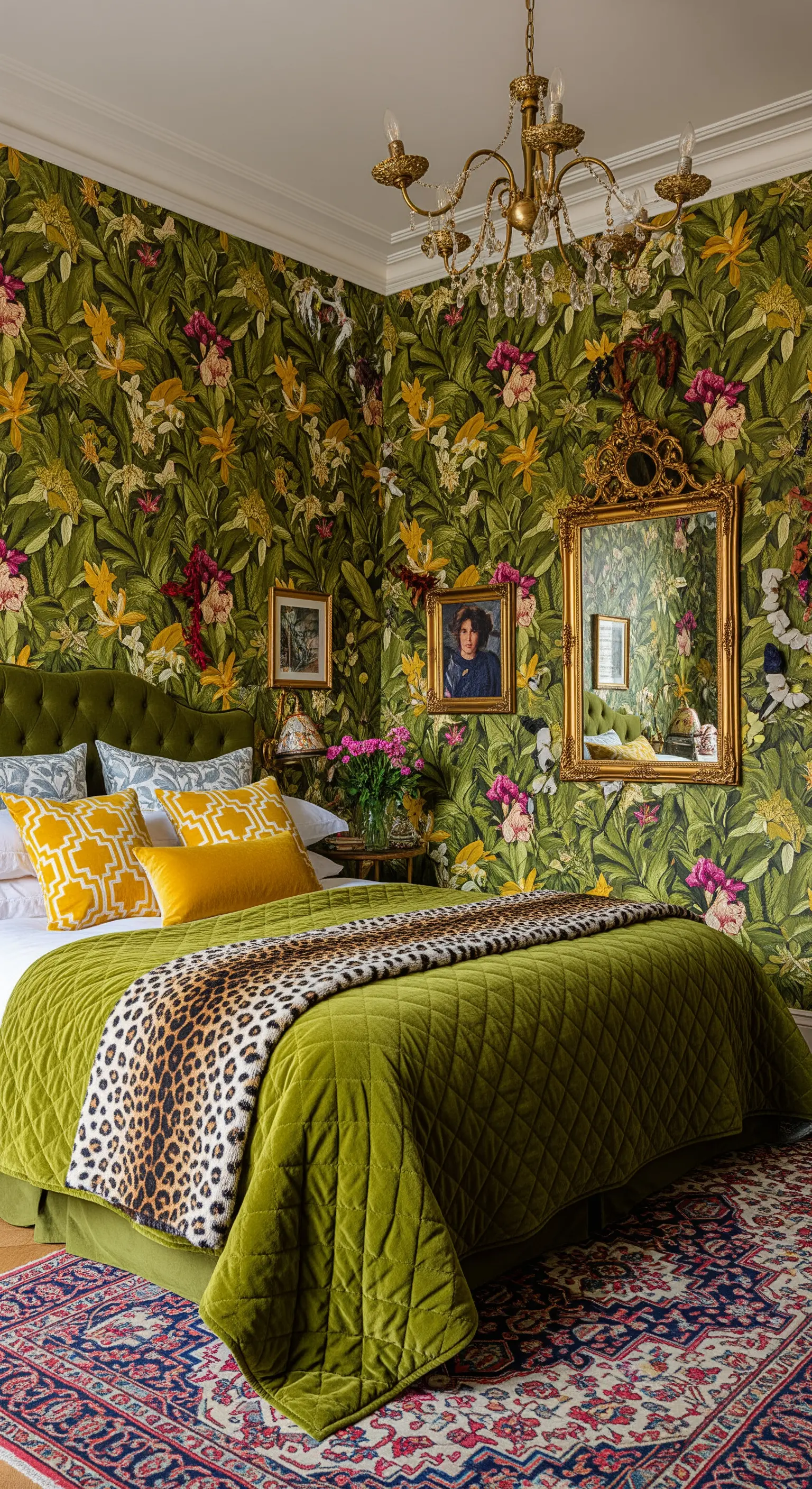 Camera da letto massimalista con carta da parati floreale verde e letto in velluto.