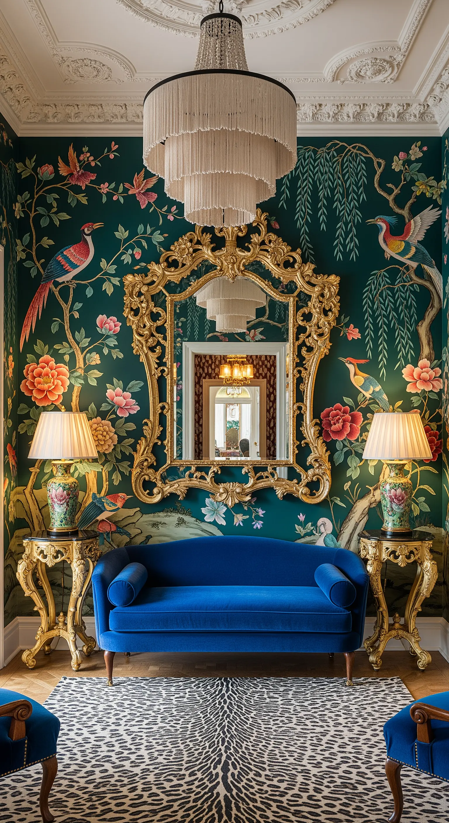 Salotto massimalista con murale Chinoiserie, specchio dorato barocco e divano in velluto blu.
