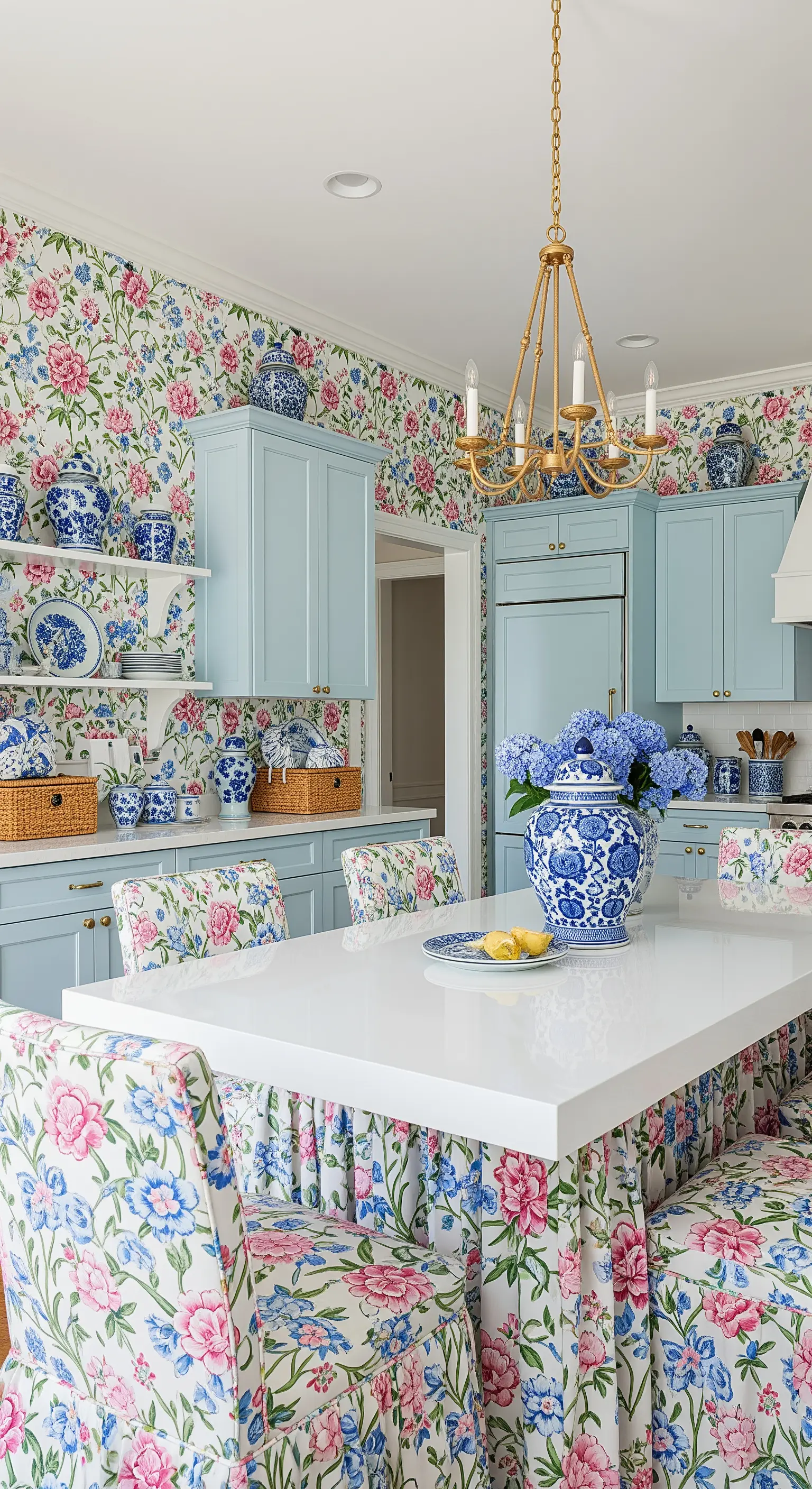 Cucina con carta da parati floreale, mobili azzurri e sedie rivestite con lo stesso motivo.