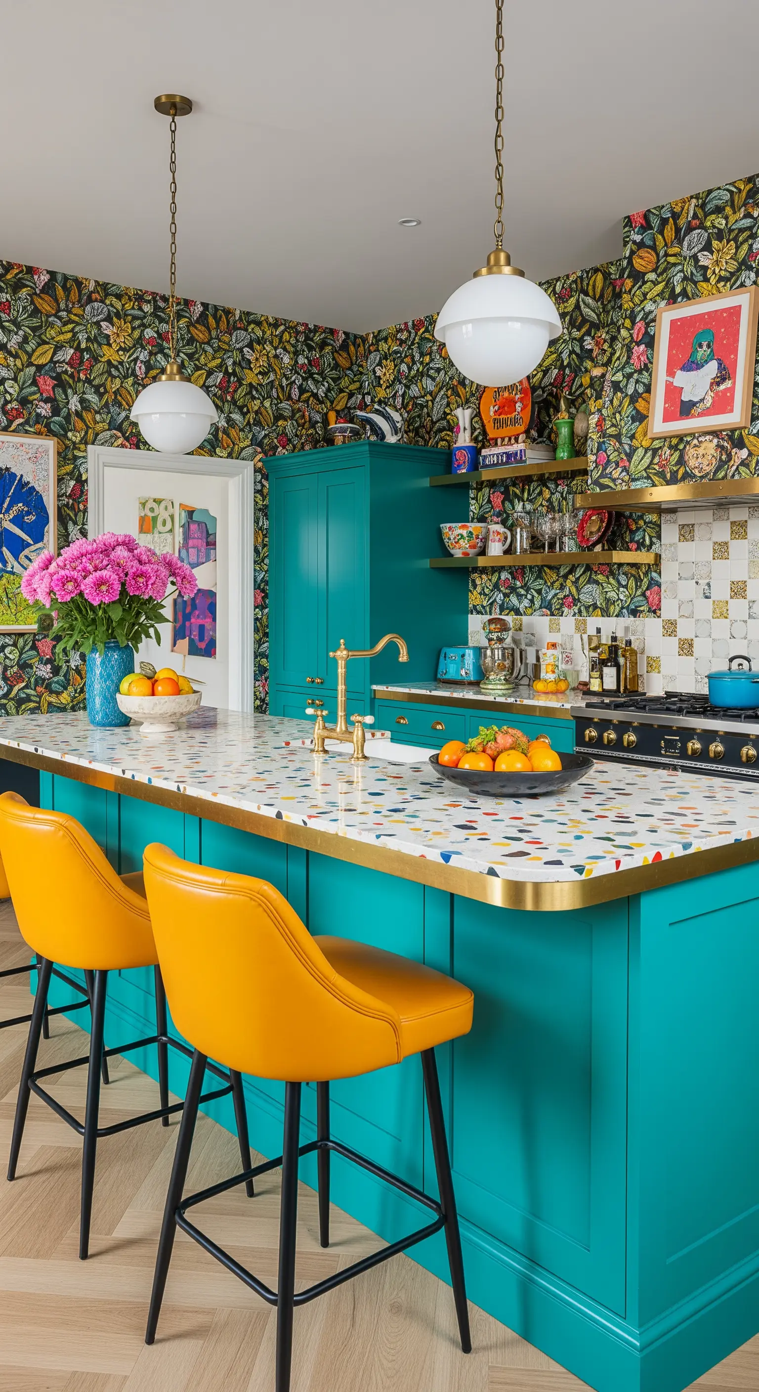 Cucina eclettica con mobili color ottanio, top in terrazzo e sgabelli in pelle gialla.