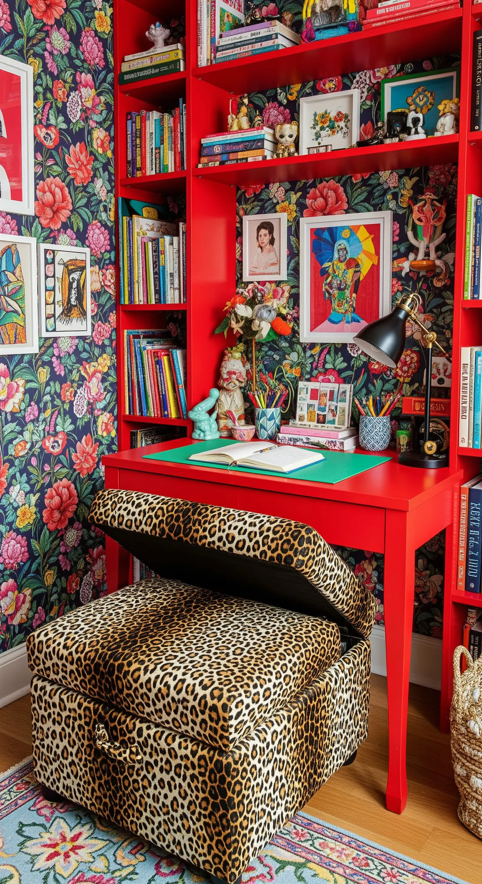 Scrivania e libreria rosse abbinate a una carta da parati floreale e a un pouf leopardato.