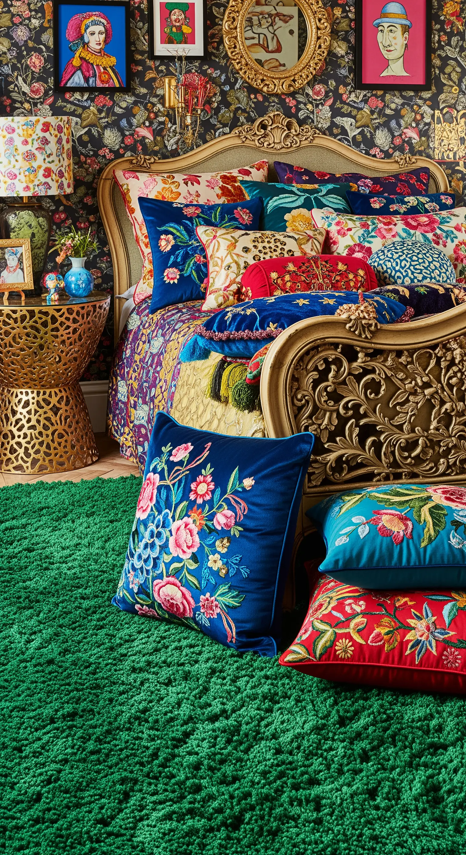 Camera da letto massimalista con letto dorato, cuscini ricamati e un tappeto a pelo lungo verde brillante.
