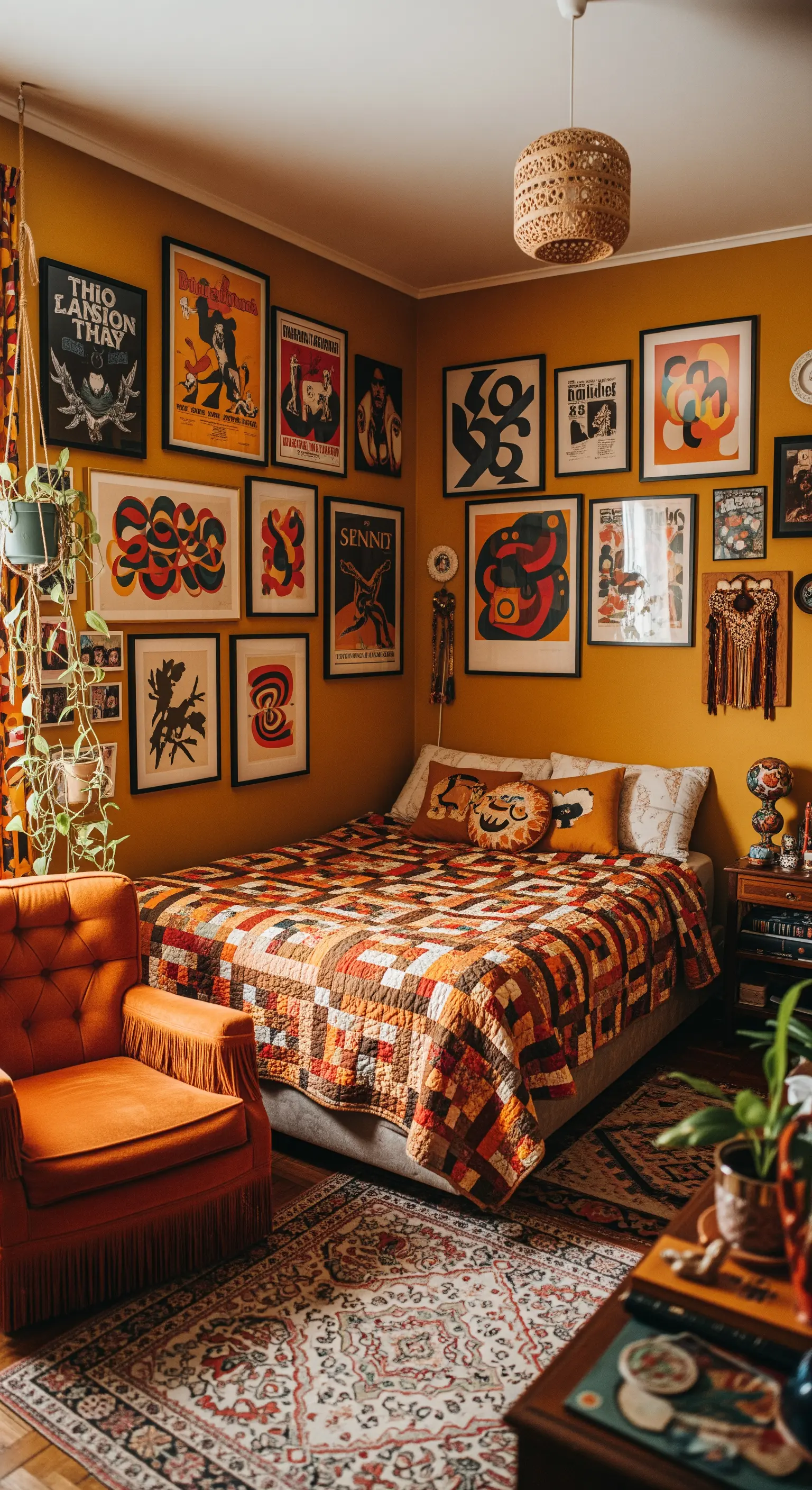 Camera da letto massimalista con pareti color ocra e una fitta parete galleria di poster.