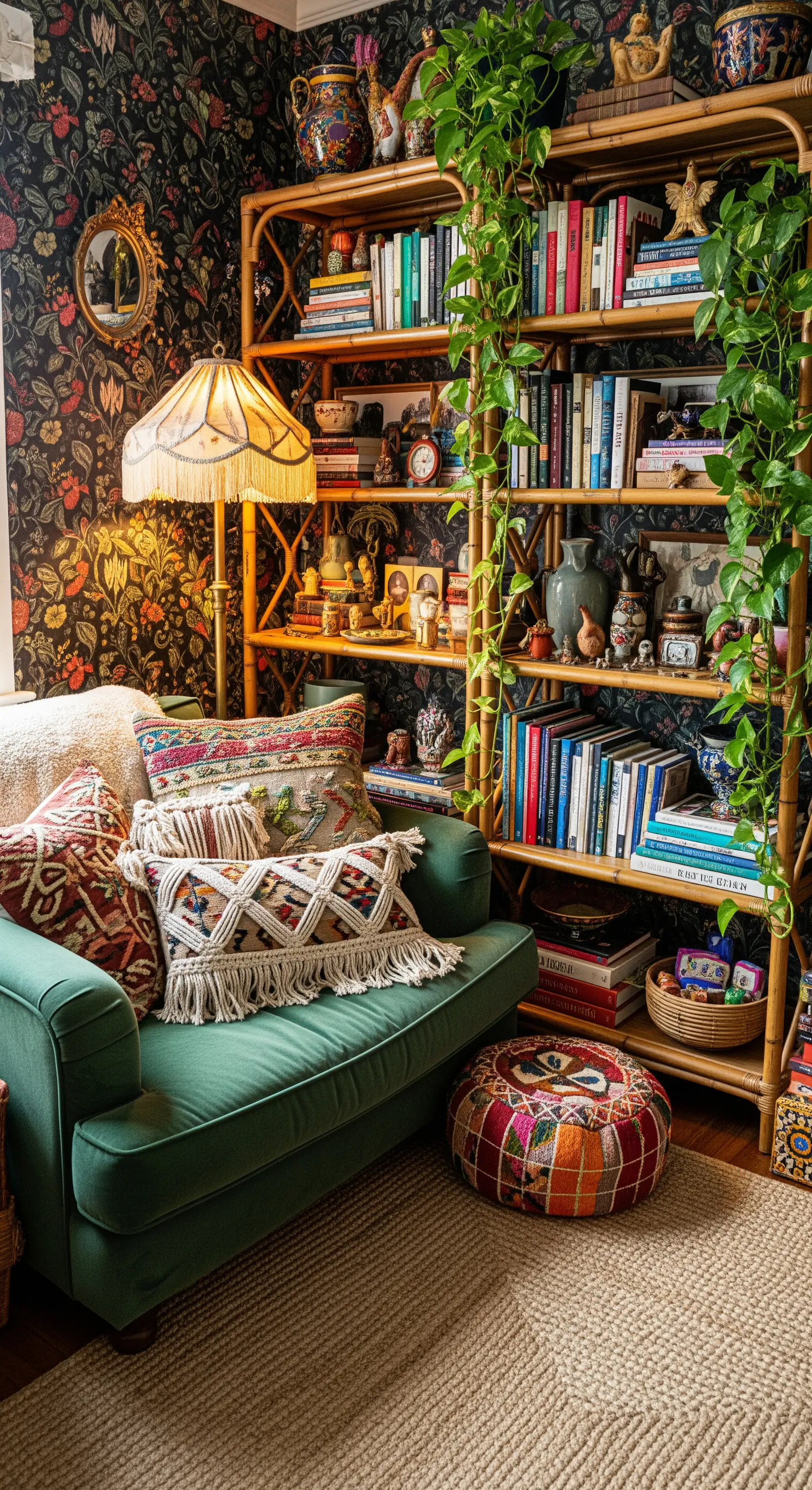 Angolo lettura bohémien con divano verde, libreria in rattan e carta da parati floreale.