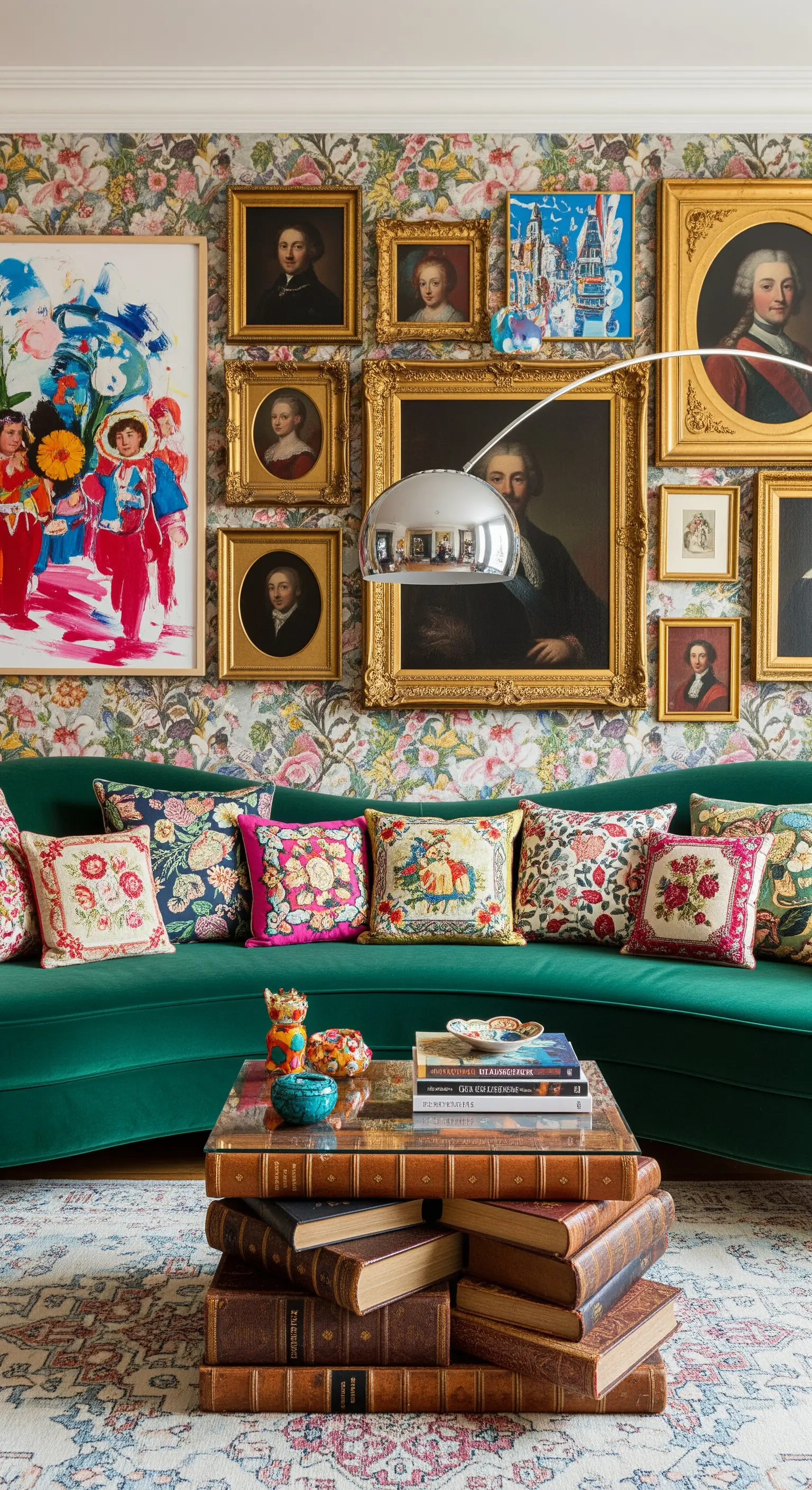 Salotto massimalista con carta da parati floreale, divano in velluto verde e una parete di ritratti.