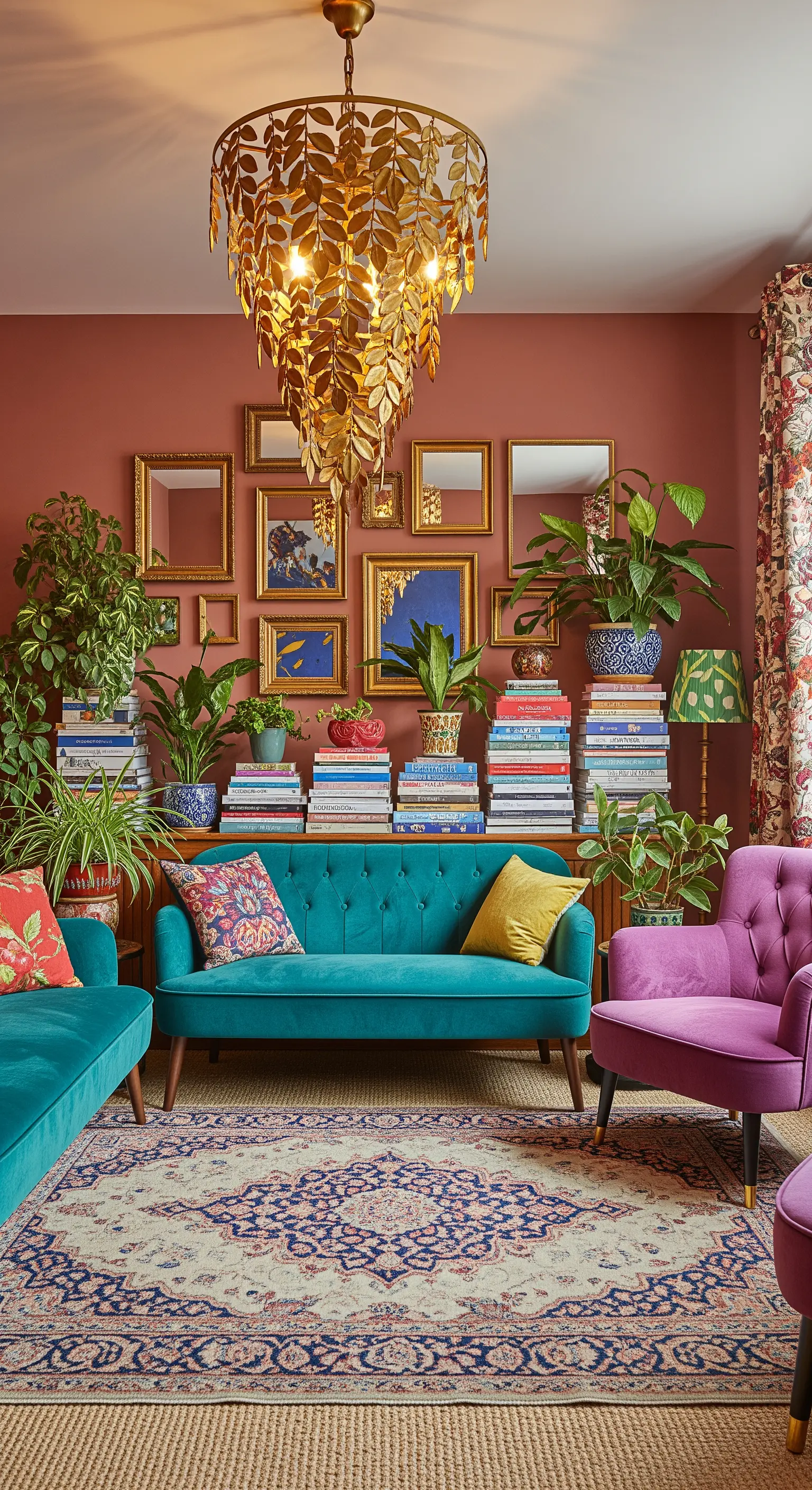 Salotto massimalista con parete terracotta, divani in velluto colorato e piante.