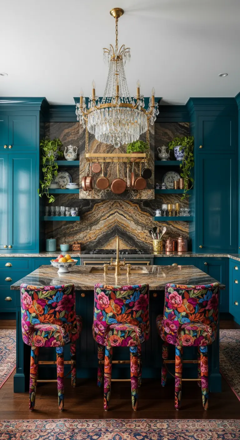 Cucina blu ottanio con paraschizzi in marmo scenografico e sgabelli con rivestimento floreale vivace.