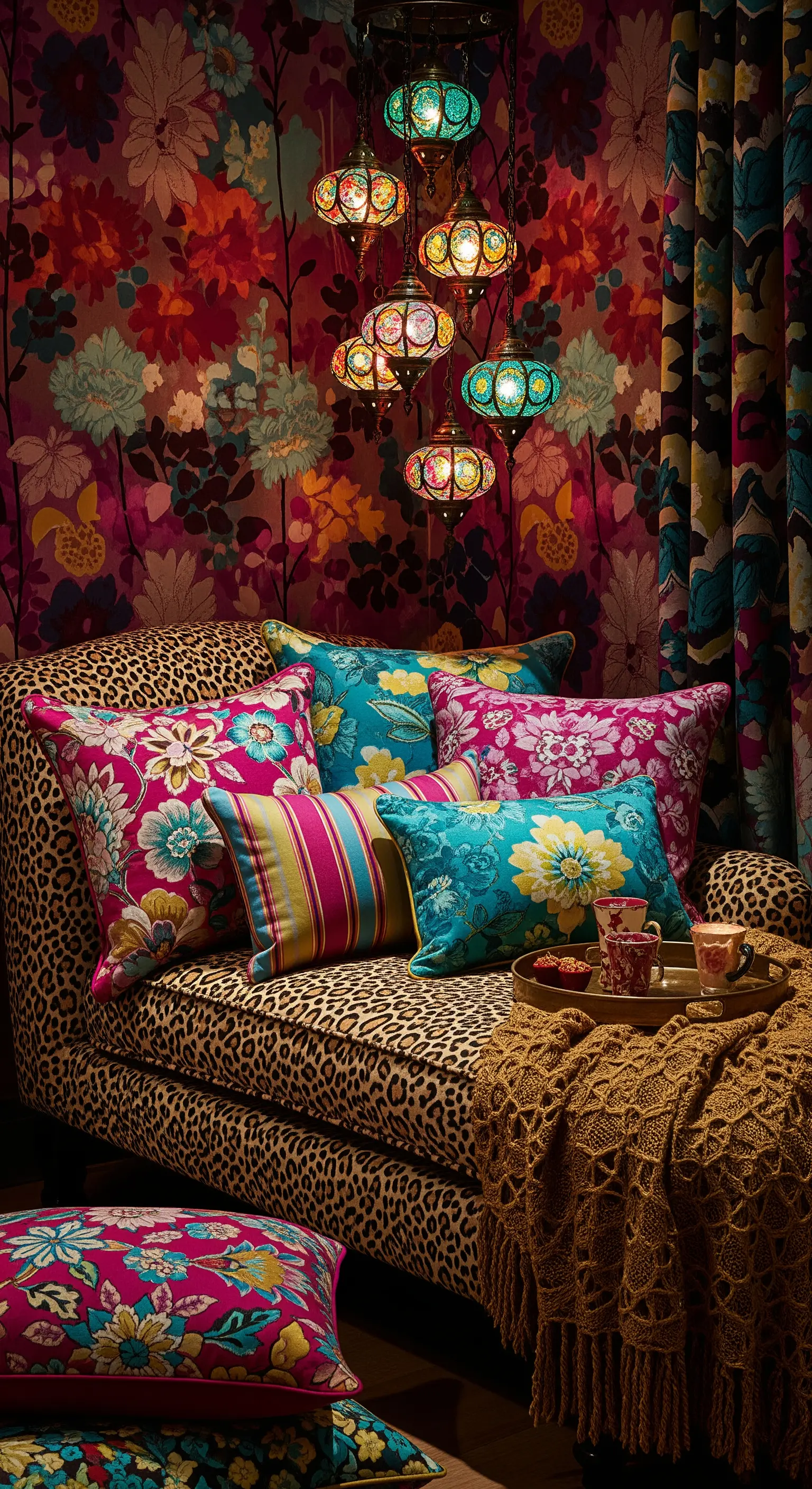 Divano leopardato con cuscini floreali e lanterne turche sospese davanti a una carta da parati vivace.