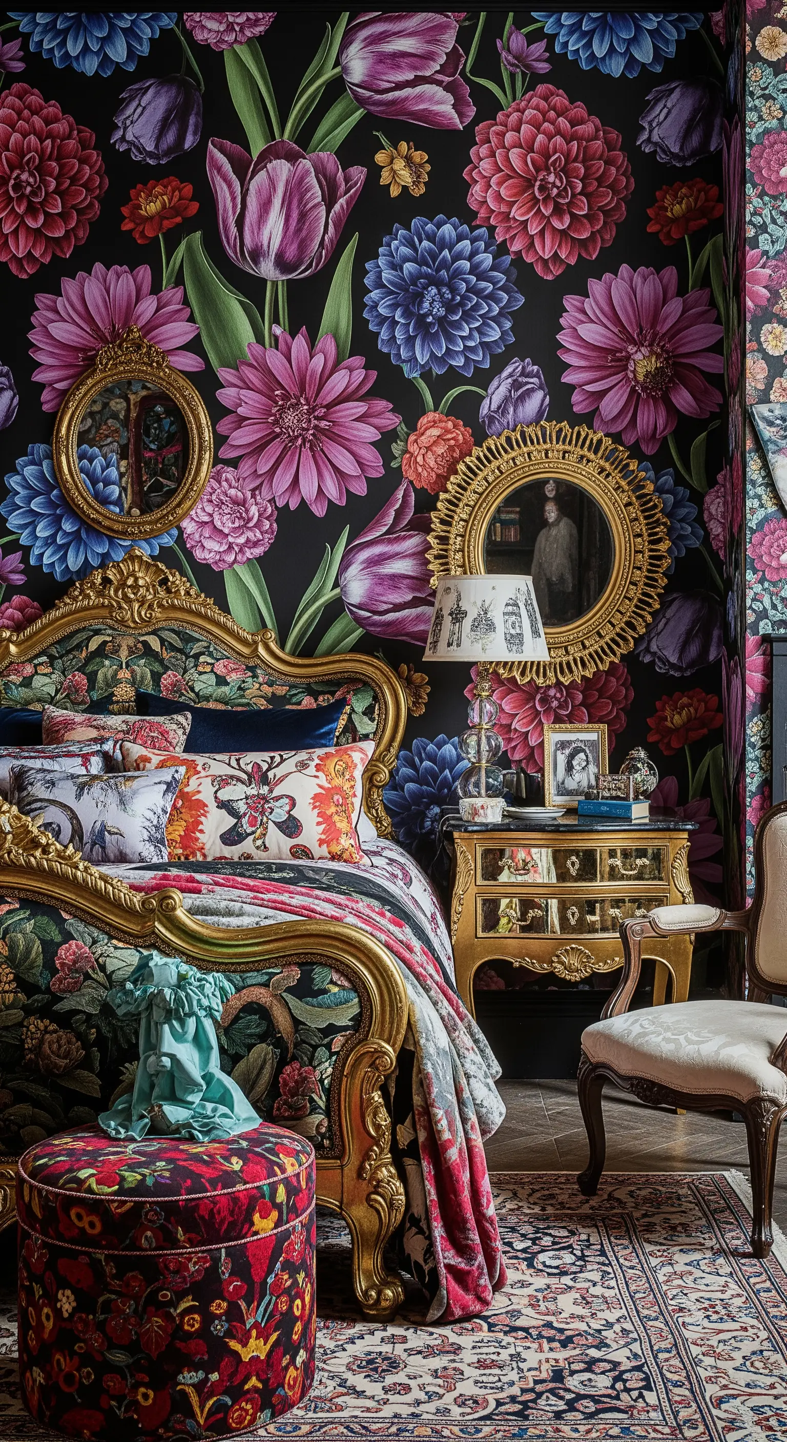 Camera da letto massimalista con carta da parati floreale colorata e letto dorato barocco.