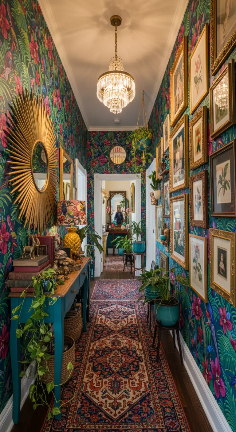 Corridoio massimalista con carta da parati a tema giungla e una galleria di quadri alle pareti.