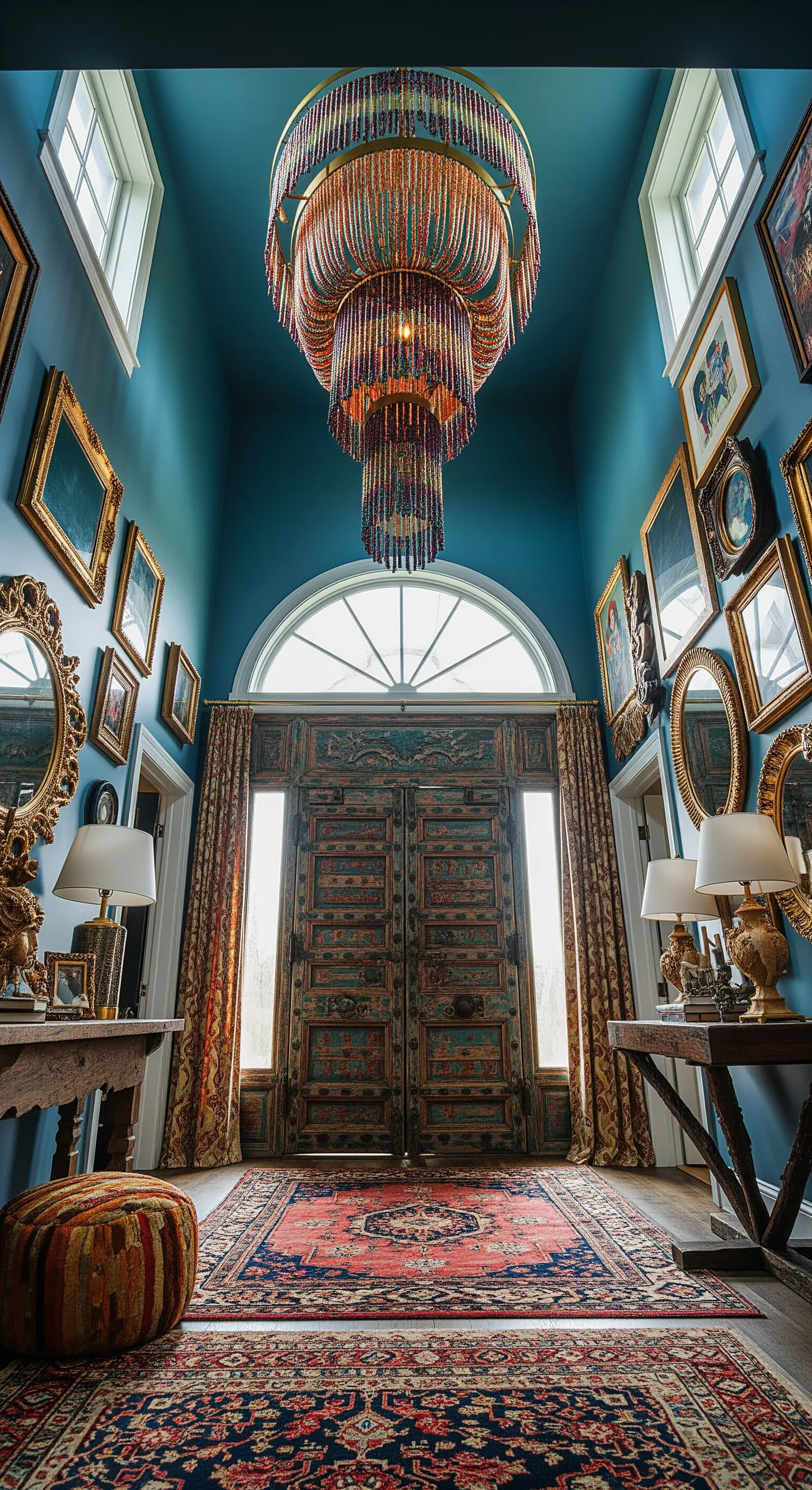 Ingresso massimalista con pareti blu, una galleria di specchi e un grande lampadario di perline.