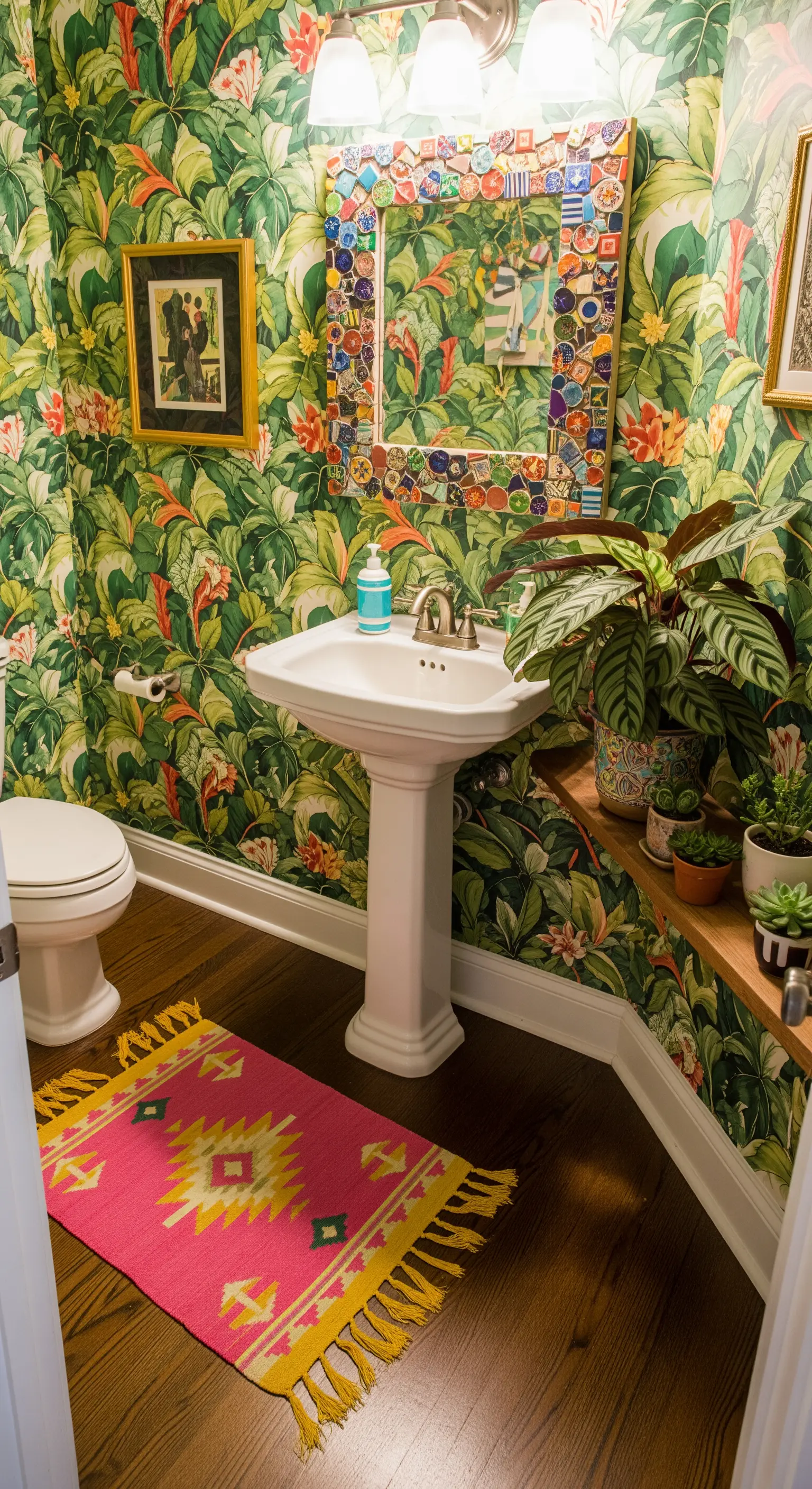 Bagno piccolo con carta da parati a tema giungla e tappeto etnico fucsia.