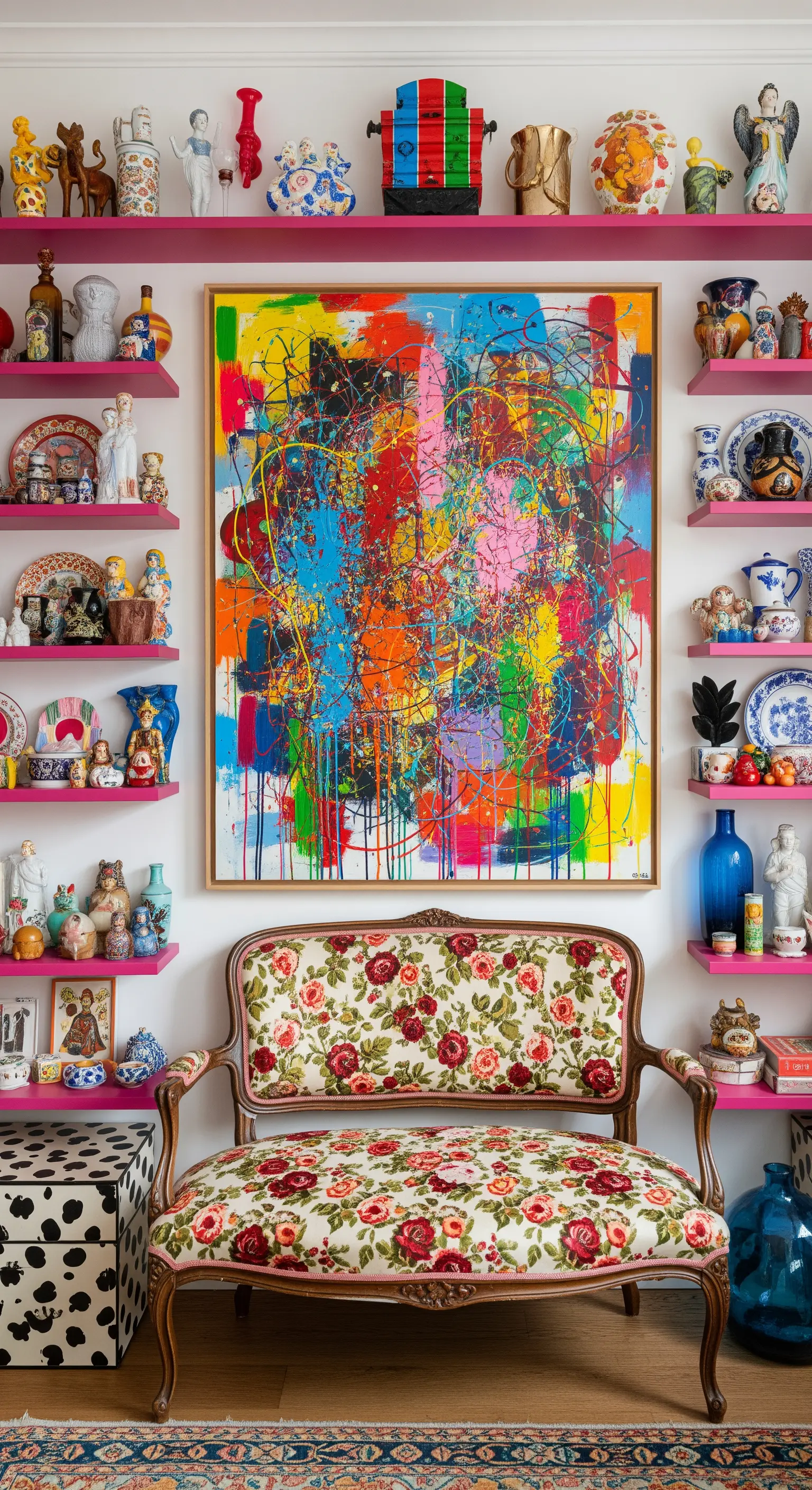 Parete con mensole fucsia piene di oggetti, divanetto floreale e quadro astratto coloratissimo.