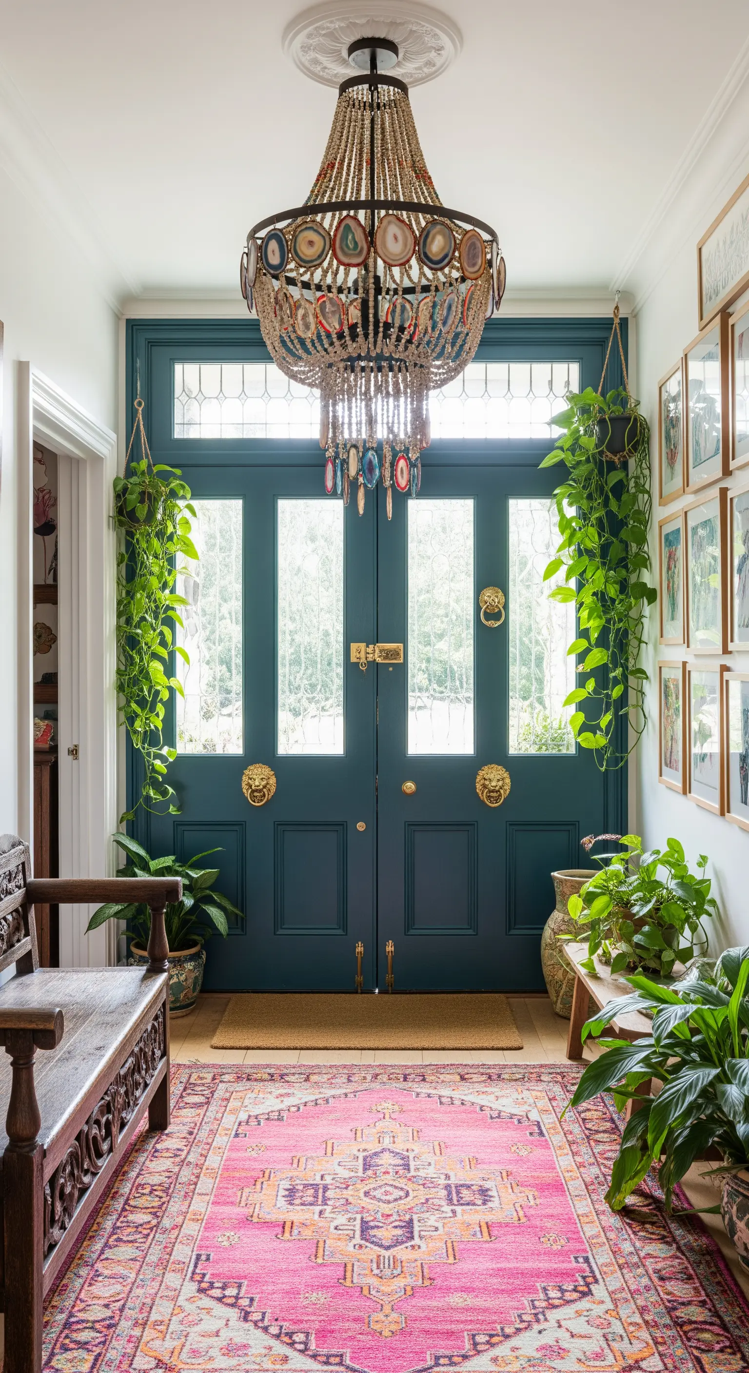 Ingresso eclettico con porte blu, tappeto rosa acceso, lampadario con perline e molte piante.