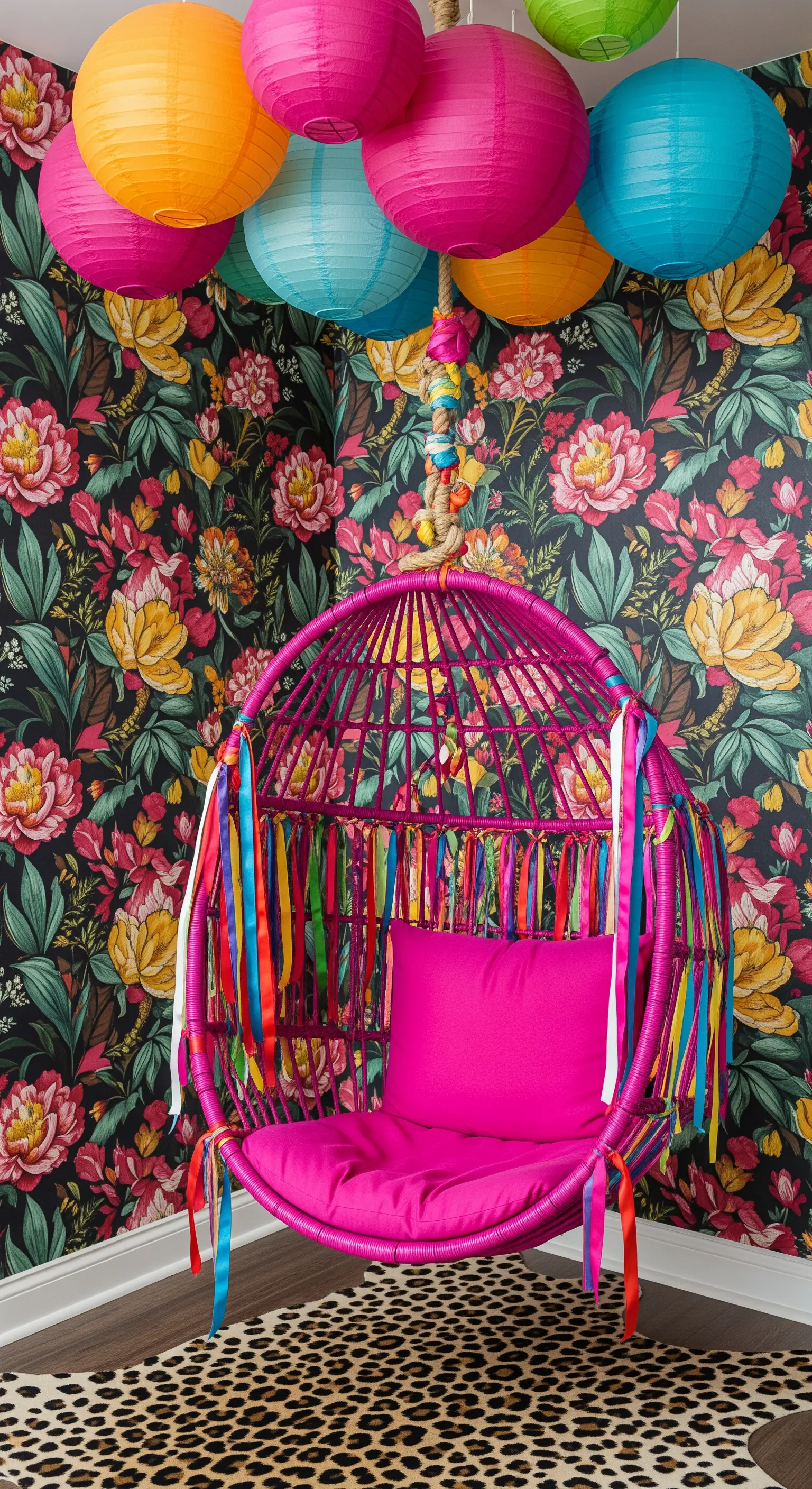 Poltrona sospesa magenta contro una carta da parati floreale, con lanterne colorate.