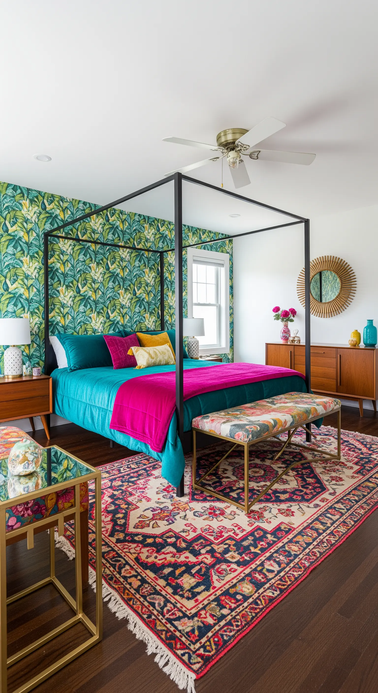 Letto a baldacchino nero con carta da parati floreale e biancheria da letto colorata.